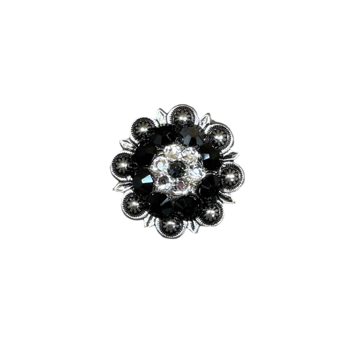 Antique Silver Jet, Clear Crystal Conchos - Sizes from 1"- 3" and Buckles