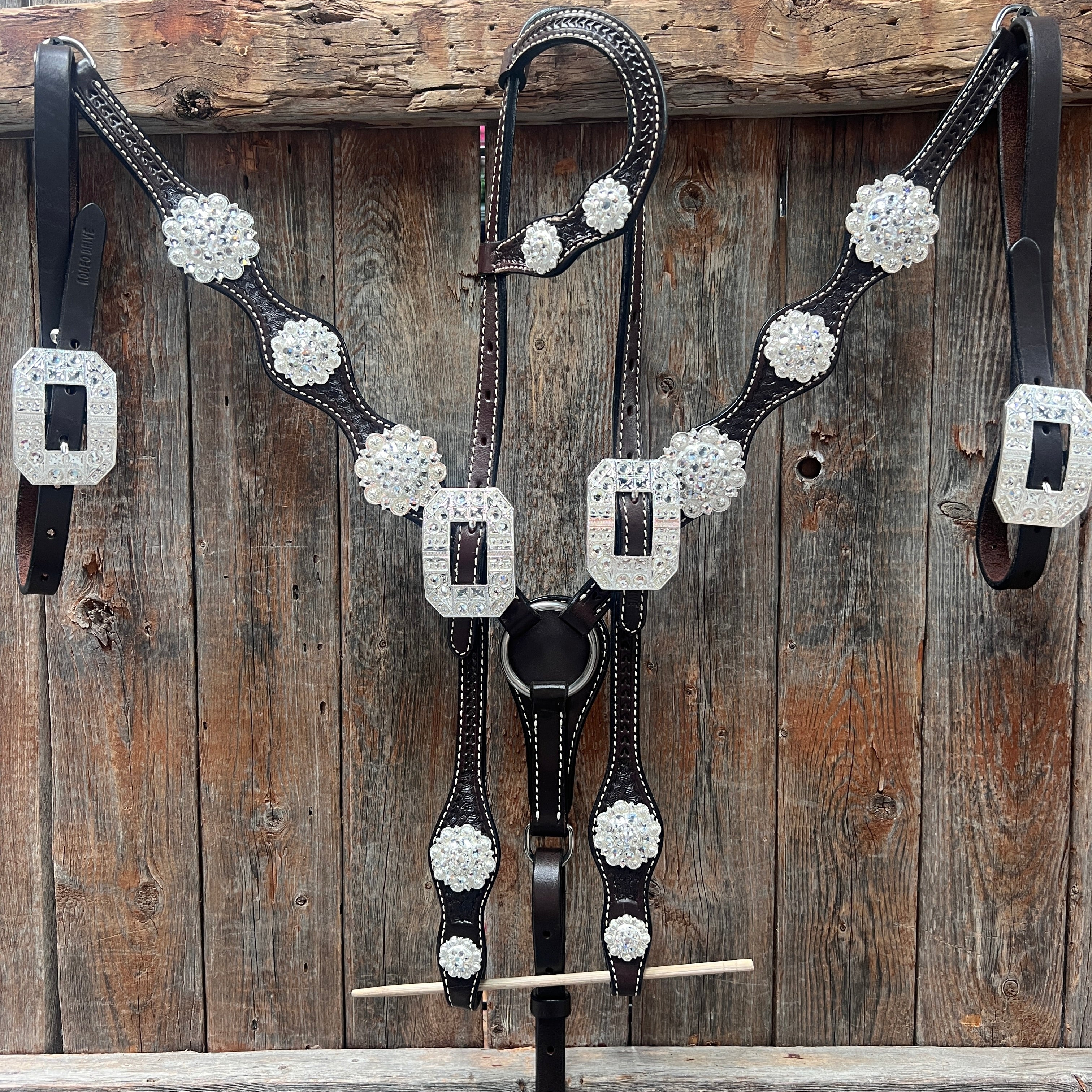 Dark Oil Basketweave Clear Browband/One Ear Tack Set  #BBBC619