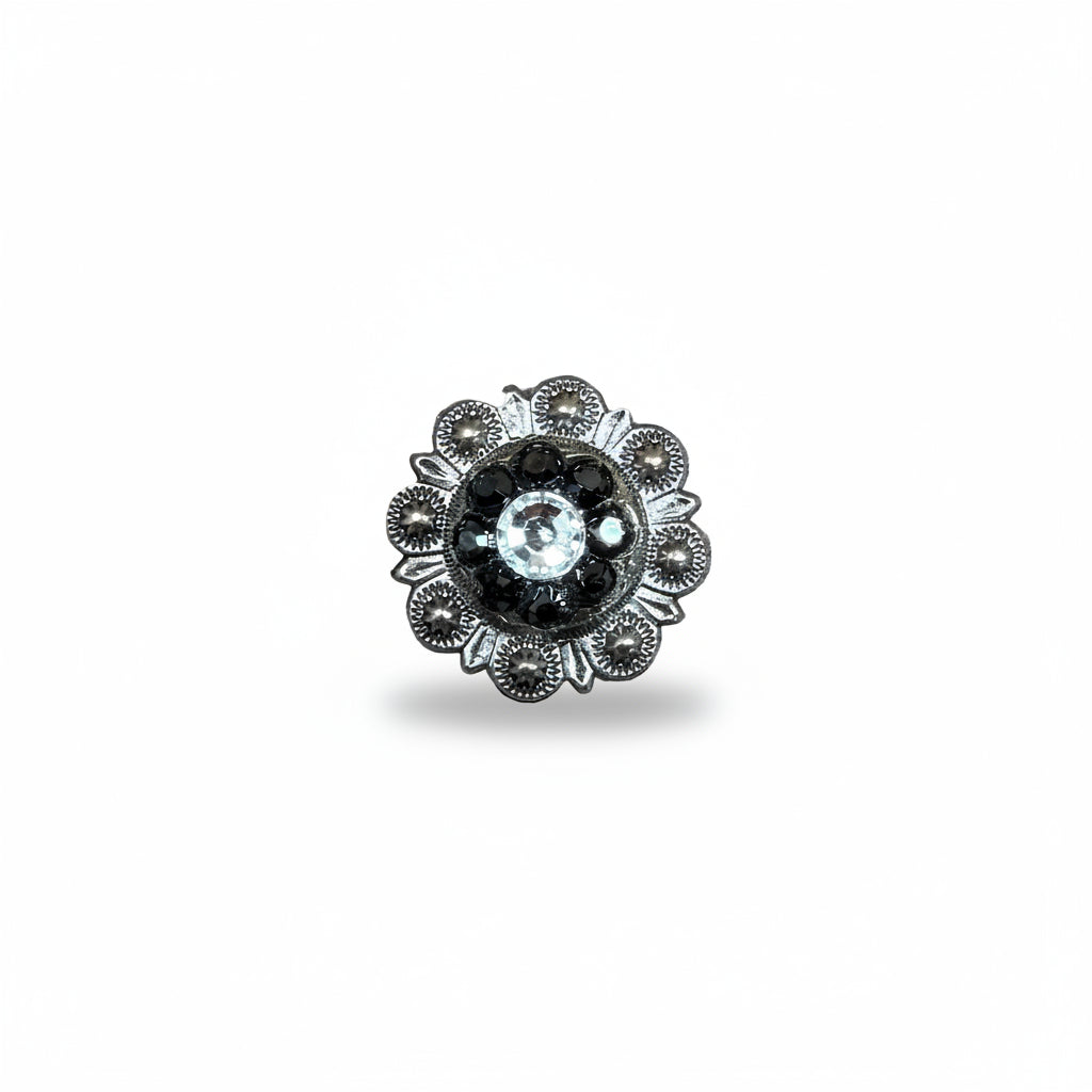 Antique Silver Jet - Clear Crystal Conchos | Sizes 1"- 3" | Buckles | Saddle Set | Leather Rosettes | Slide
