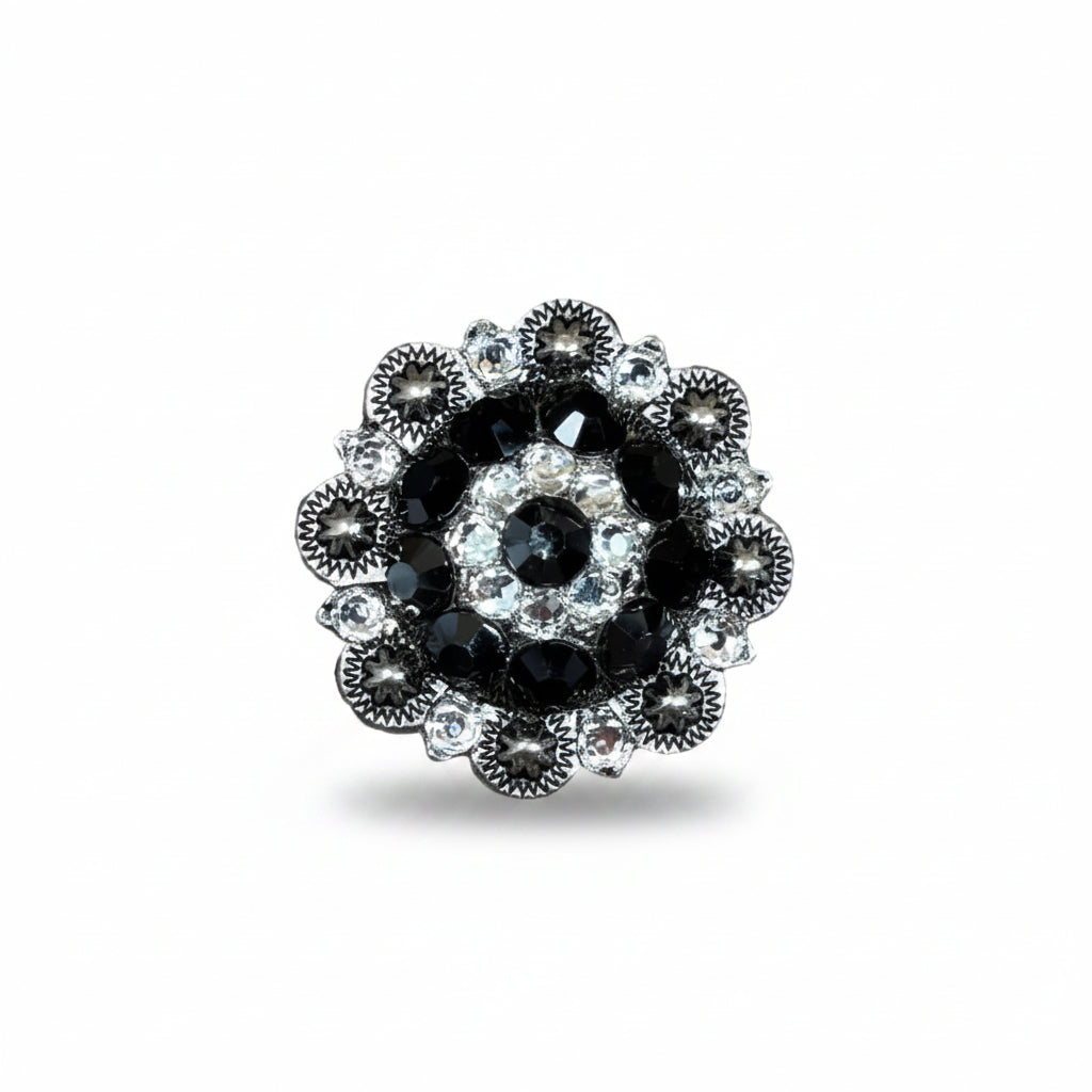 Antique Silver Jet - Clear Crystal Conchos | Sizes 1"- 3" | Buckles | Saddle Set | Leather Rosettes | Slide