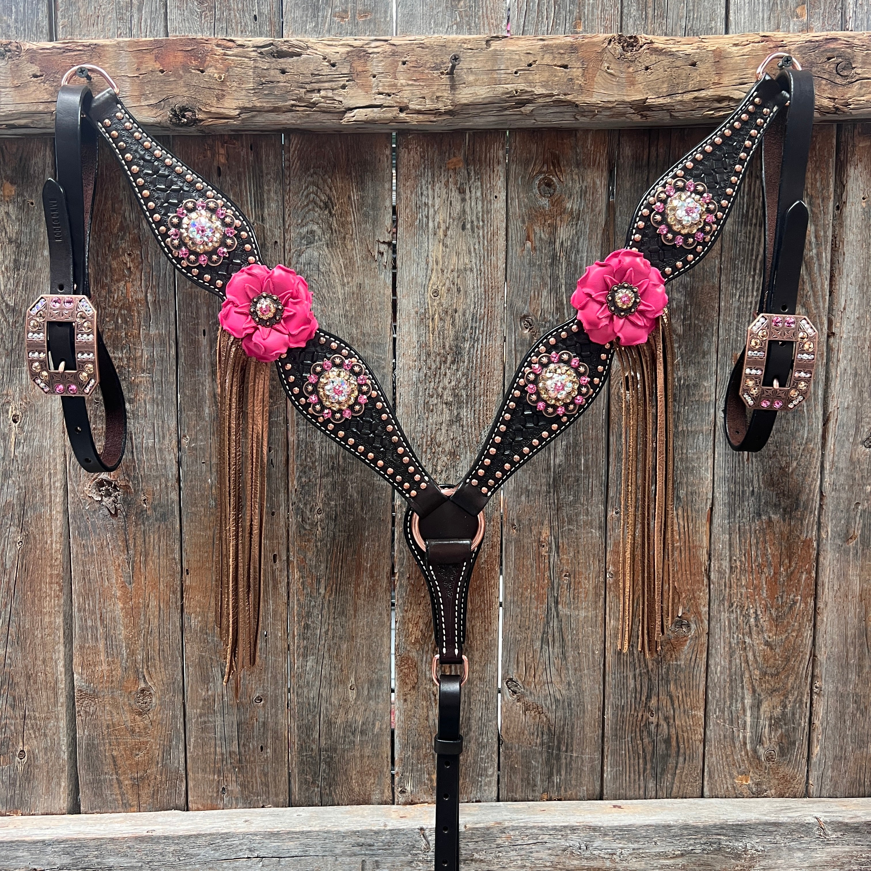Dark Oil Honeycomb Copper Dot Copper Pink and Champagne Browband / Breastcollar Tack Set #BBBC614