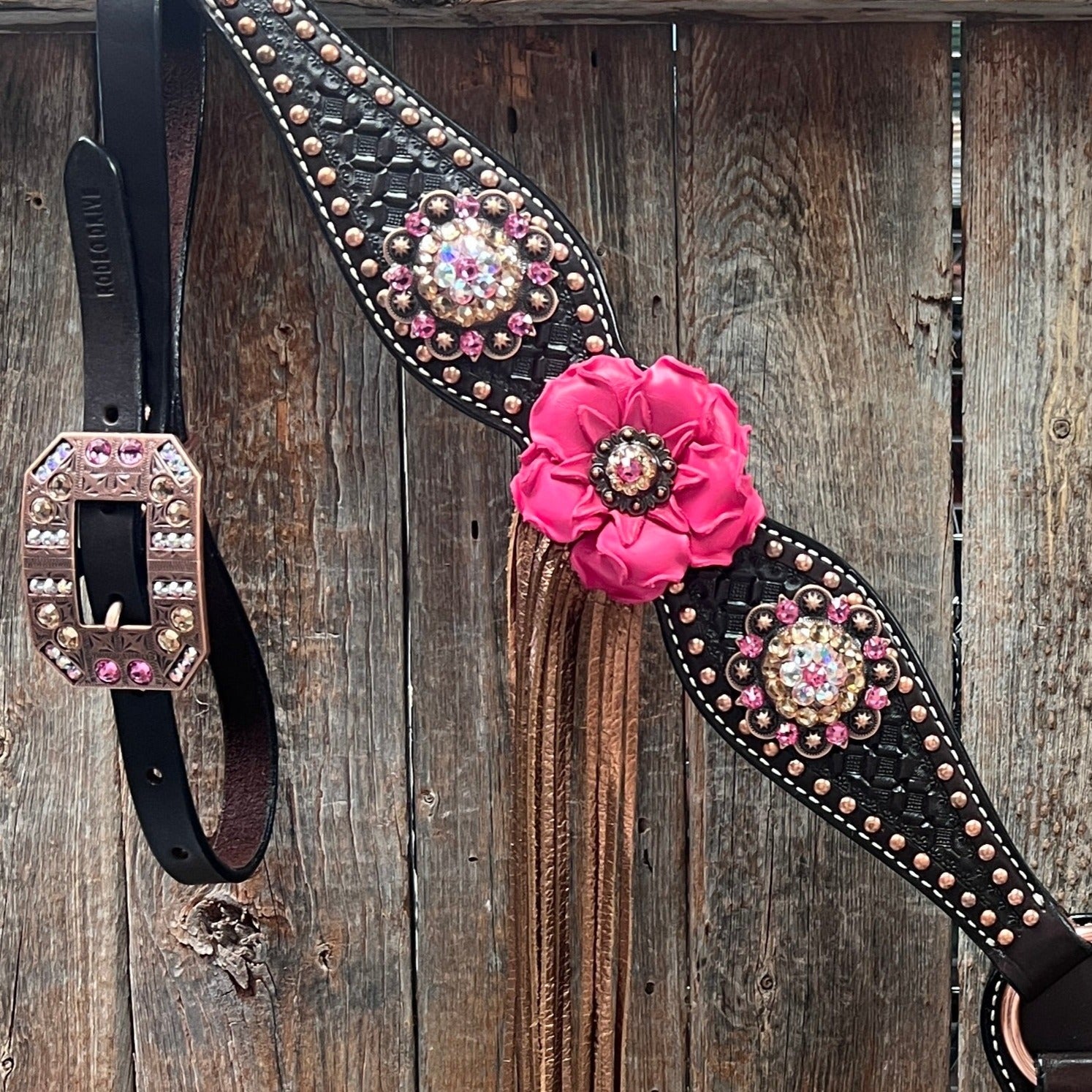 Dark Oil Honeycomb Copper Dot Copper Pink and Champagne Browband / Breastcollar Tack Set #BBBC614