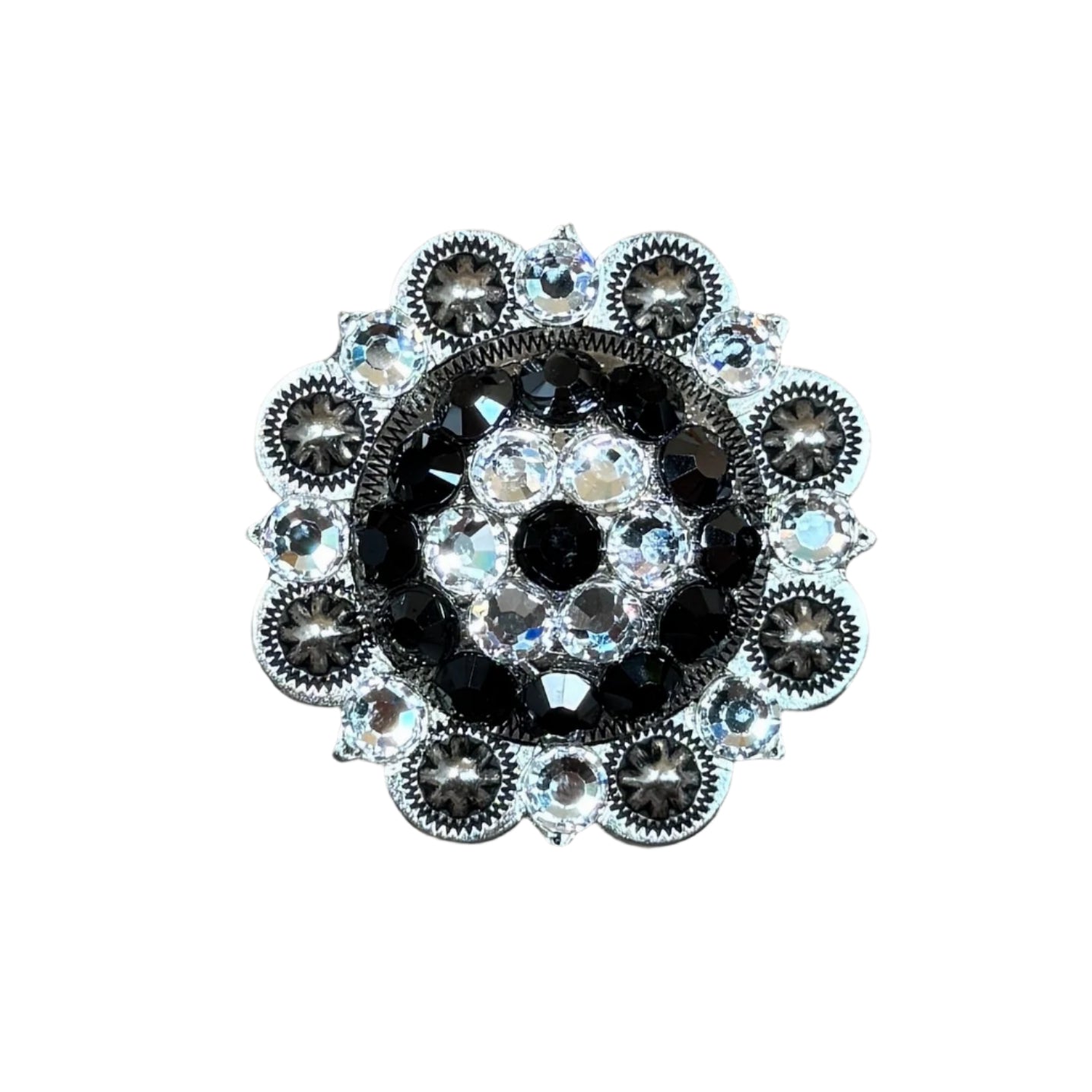 Antique Silver Jet, Clear Crystal Conchos - Sizes from 1
