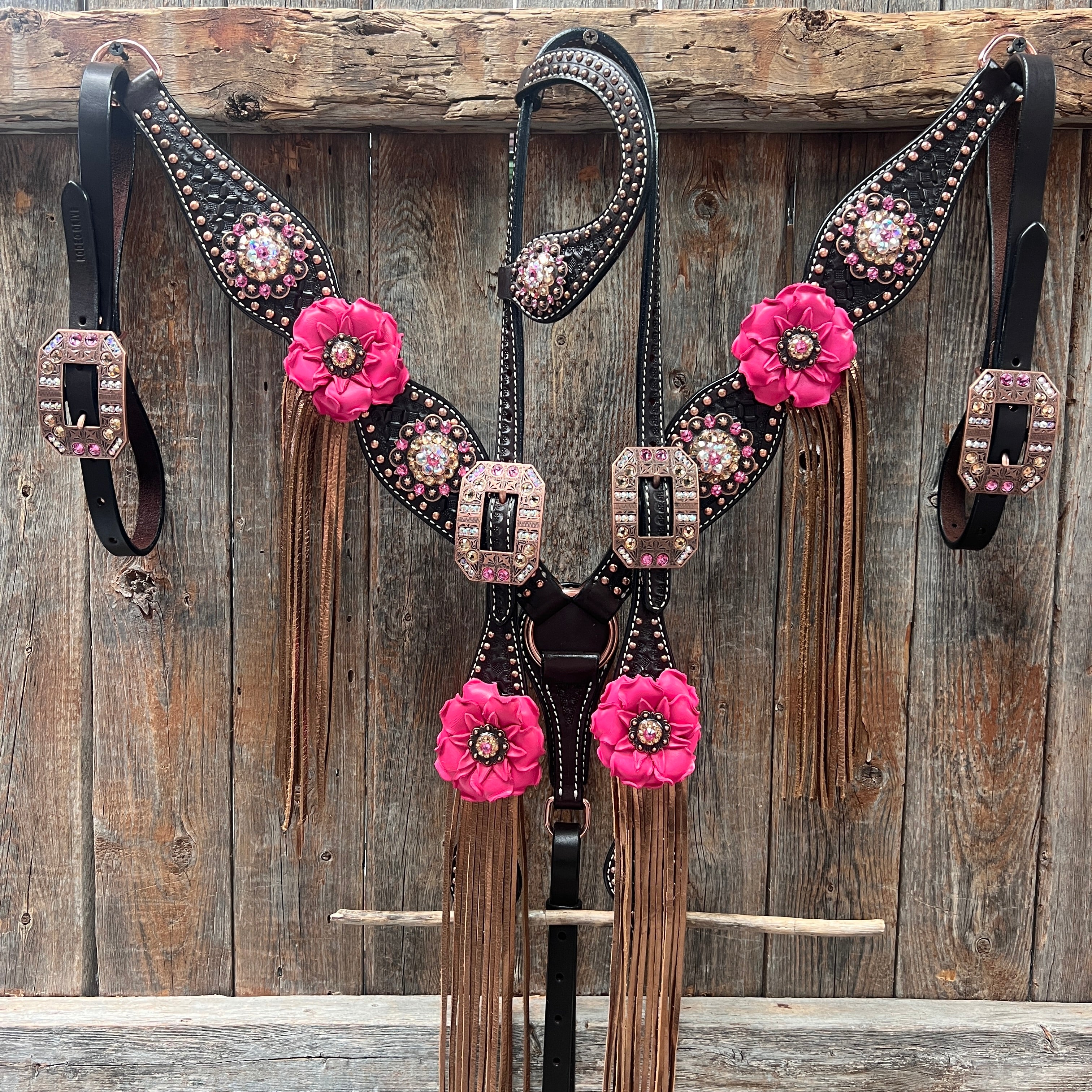Dark Oil Honeycomb Copper Dot Copper Pink and Champagne Browband / Breastcollar Tack Set #BBBC614