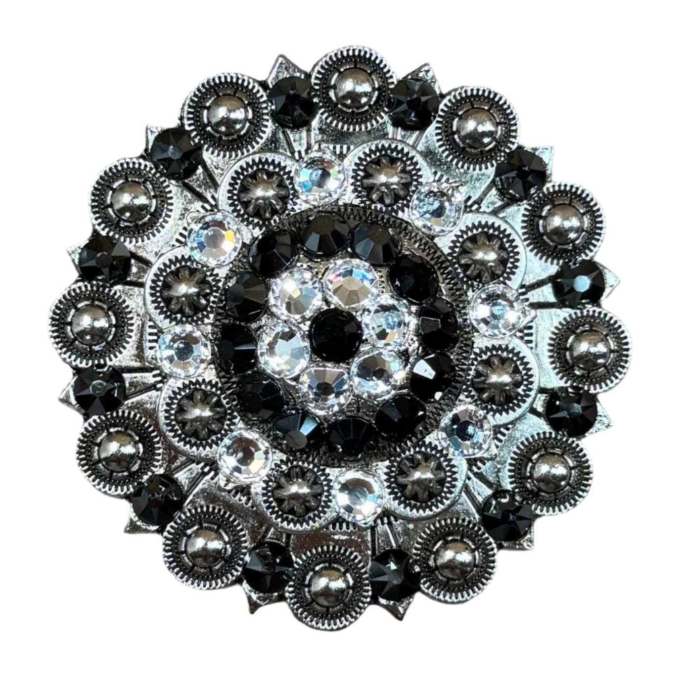 Antique Silver Jet, Clear Crystal Conchos - Sizes from 1