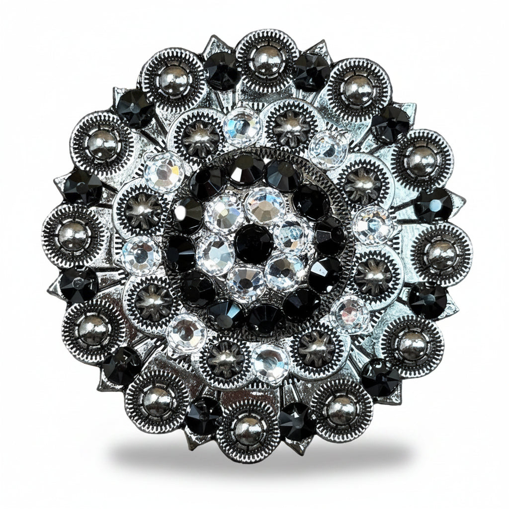 Antique Silver Jet - Clear Crystal Conchos | Sizes 1"- 3" | Buckles | Saddle Set | Leather Rosettes | Slide