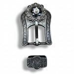 Antique Silver Jet - Clear Crystal Conchos | Sizes 1"- 3" | Buckles | Saddle Set | Leather Rosettes | Slide