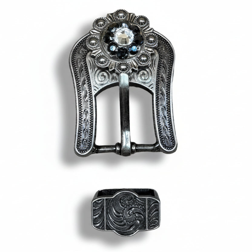 Antique Silver Jet - Clear Crystal Conchos | Sizes 1"- 3" | Buckles | Saddle Set | Leather Rosettes | Slide