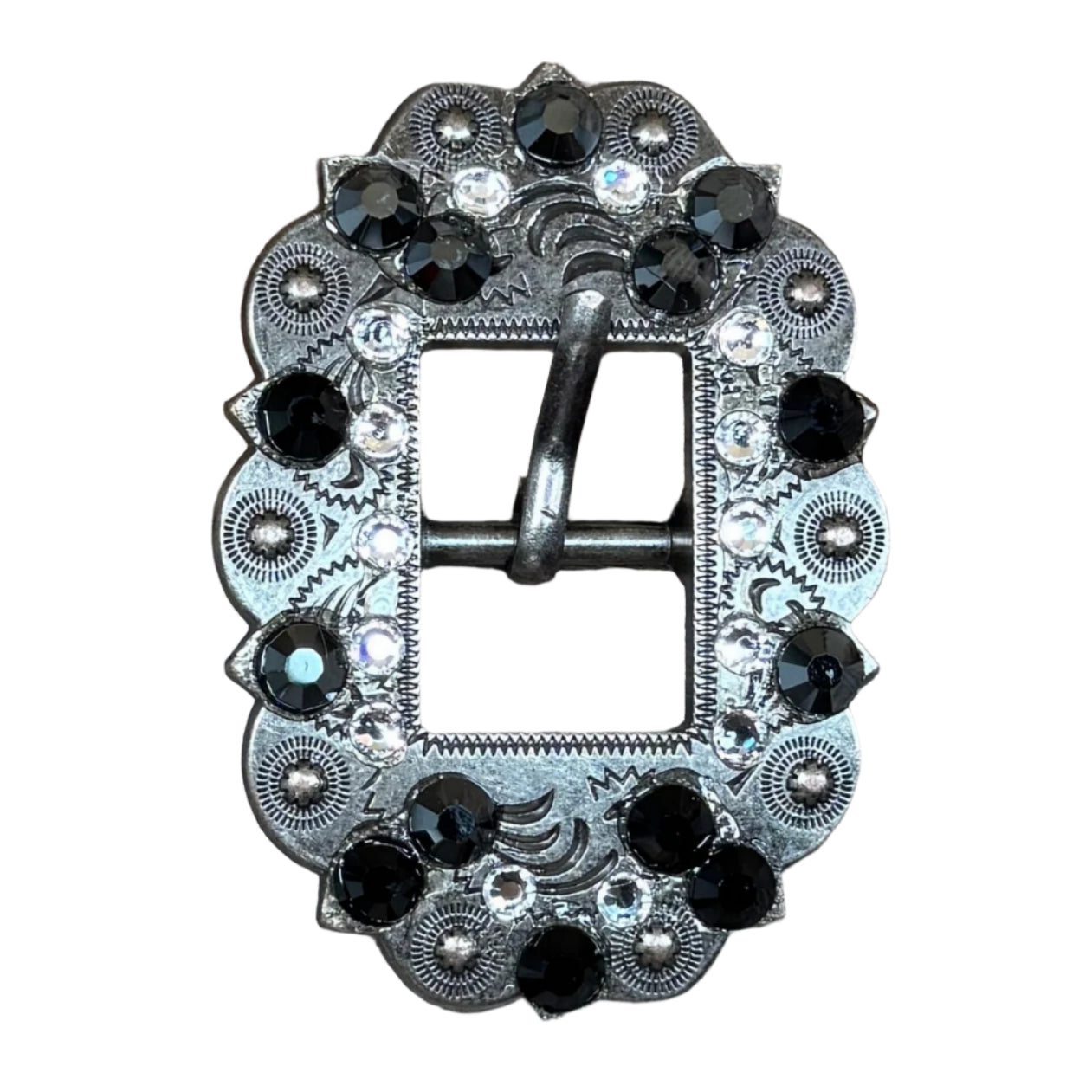 Antique Silver Jet, Clear Crystal Conchos - Sizes from 1"- 3" and Buckles