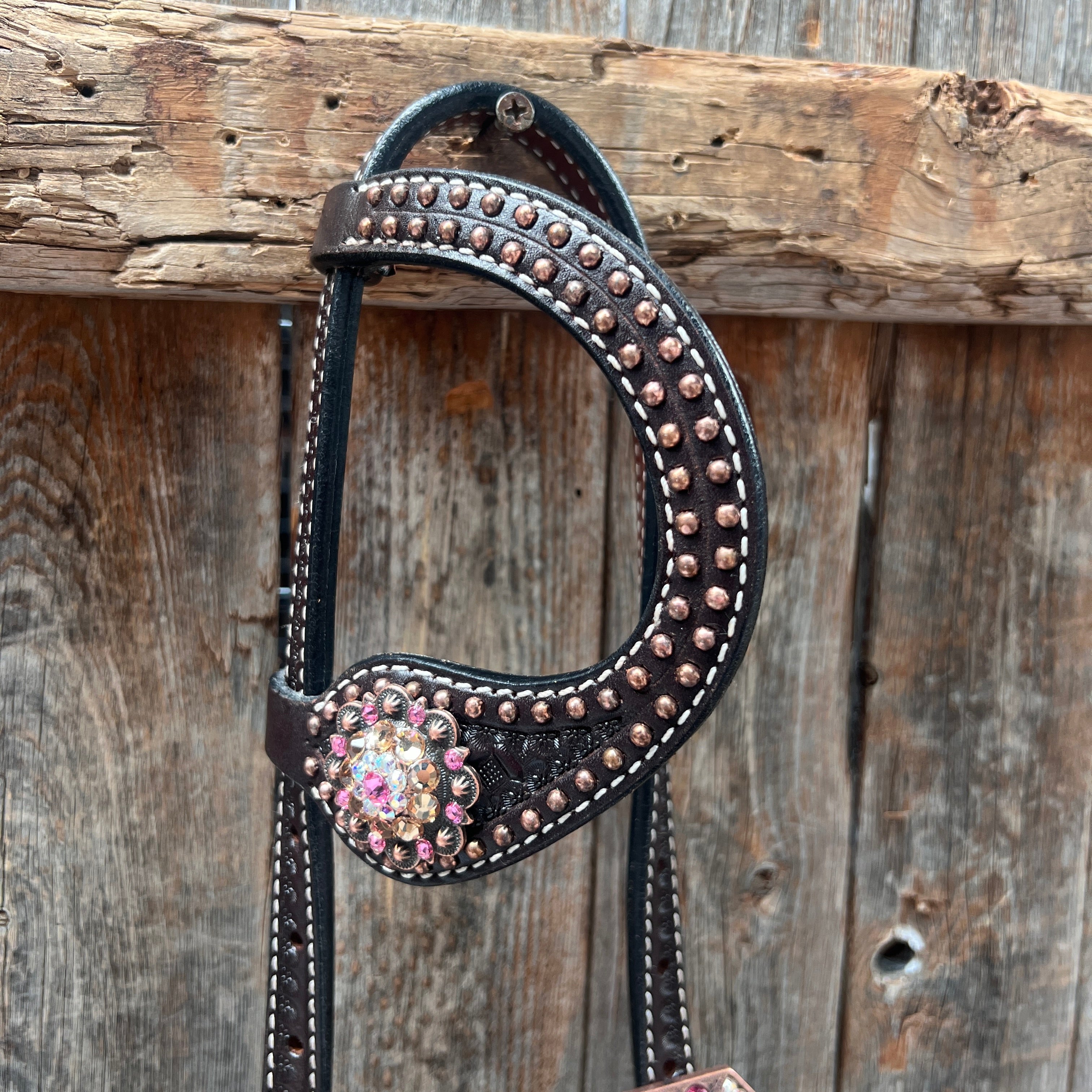 Dark Oil Honeycomb Copper Dot Copper Pink and Champagne Browband / Breastcollar Tack Set #BBBC614