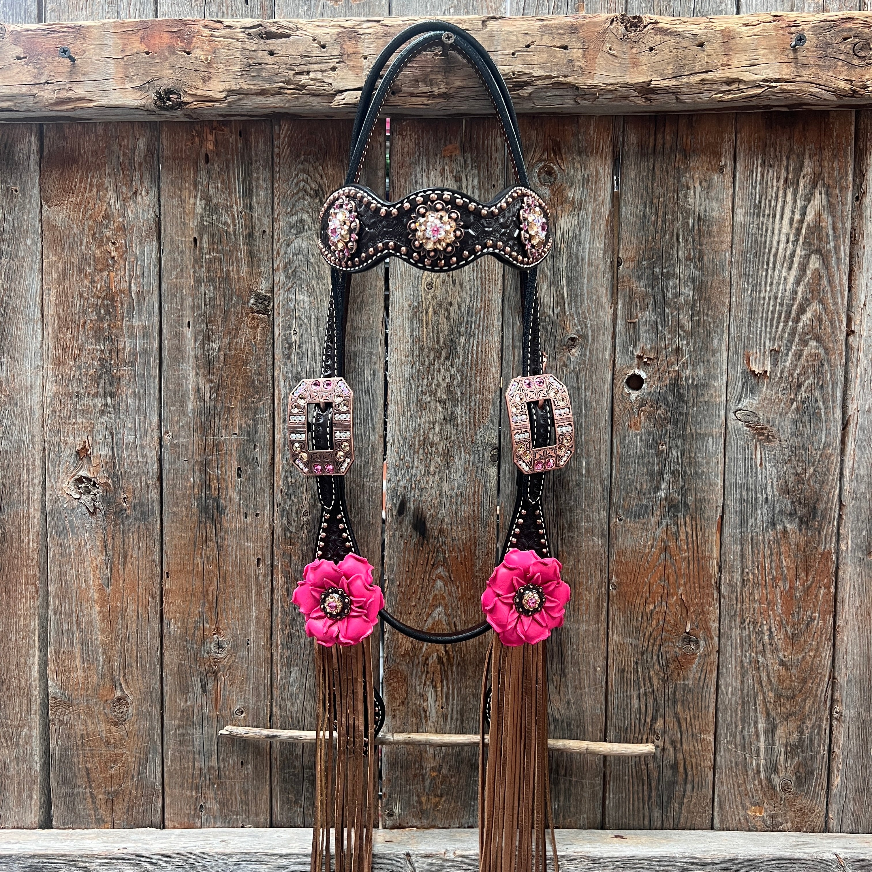 Dark Oil Honeycomb Copper Dot Copper Pink and Champagne Browband / Breastcollar Tack Set #BBBC614