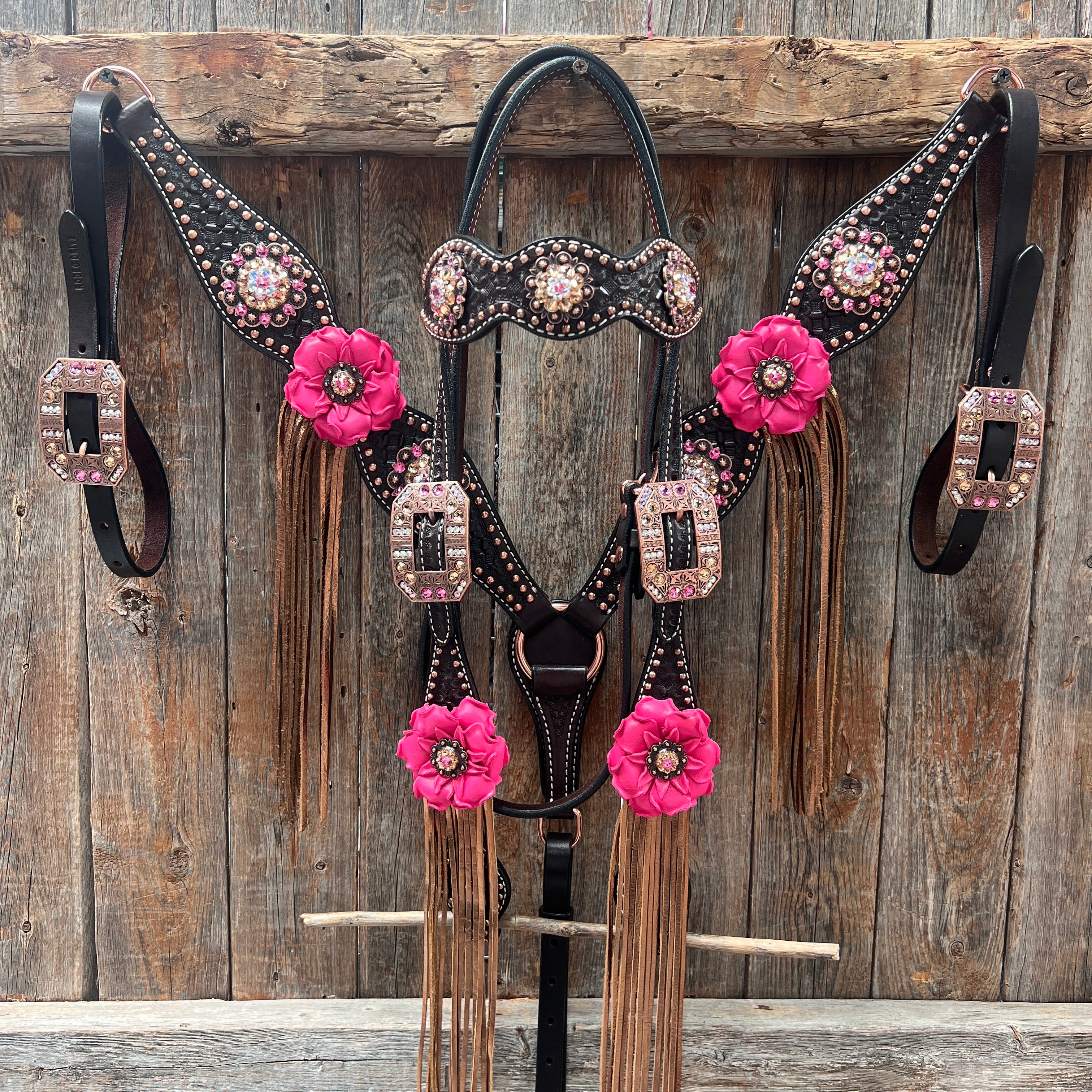 Dark Oil Honeycomb Copper Dot Copper Pink and Champagne Browband / Breastcollar Tack Set #BBBC614