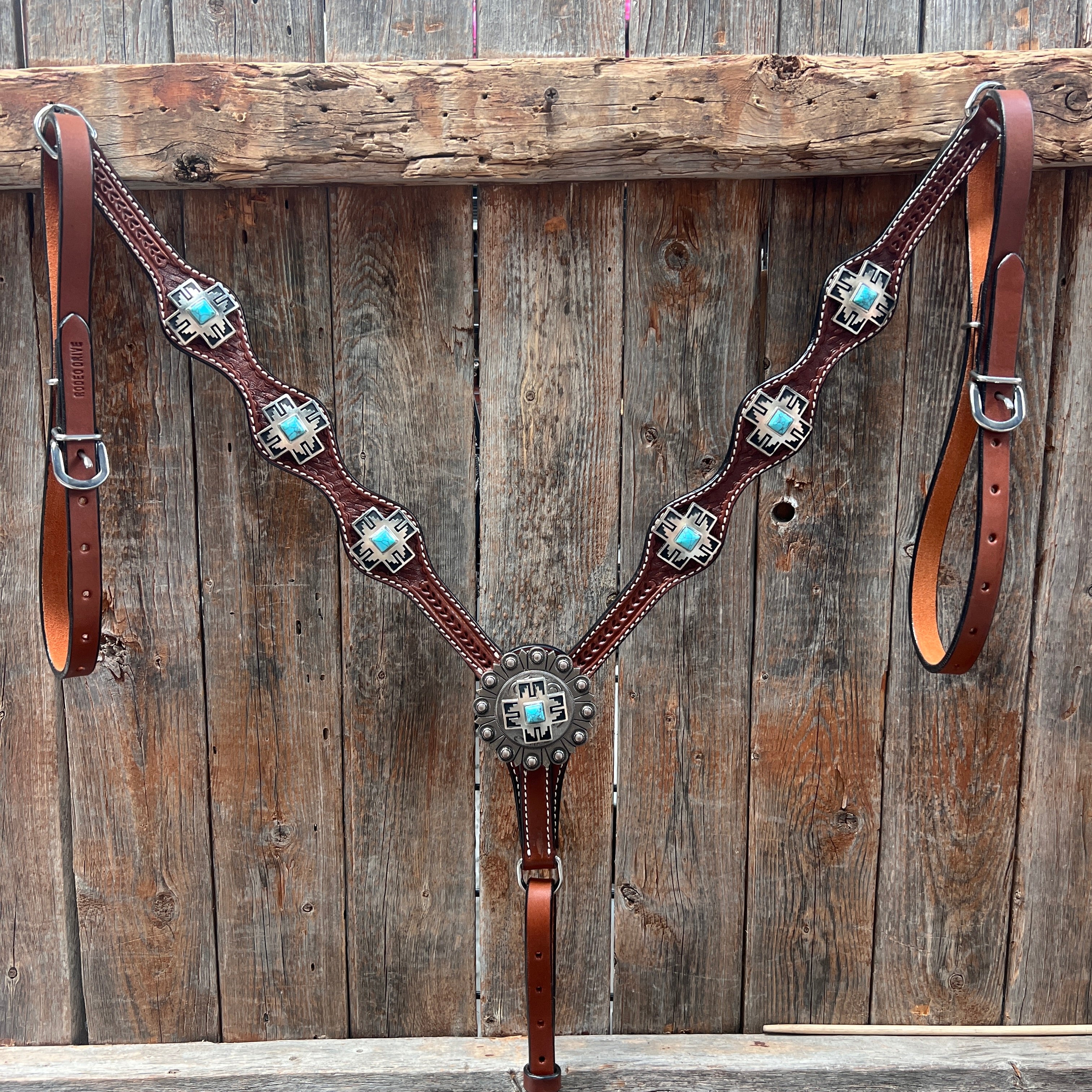 Medium Oil Turquoise Cross Browband/One Ear Headstall Breastcollar Tack Set BBBC1060