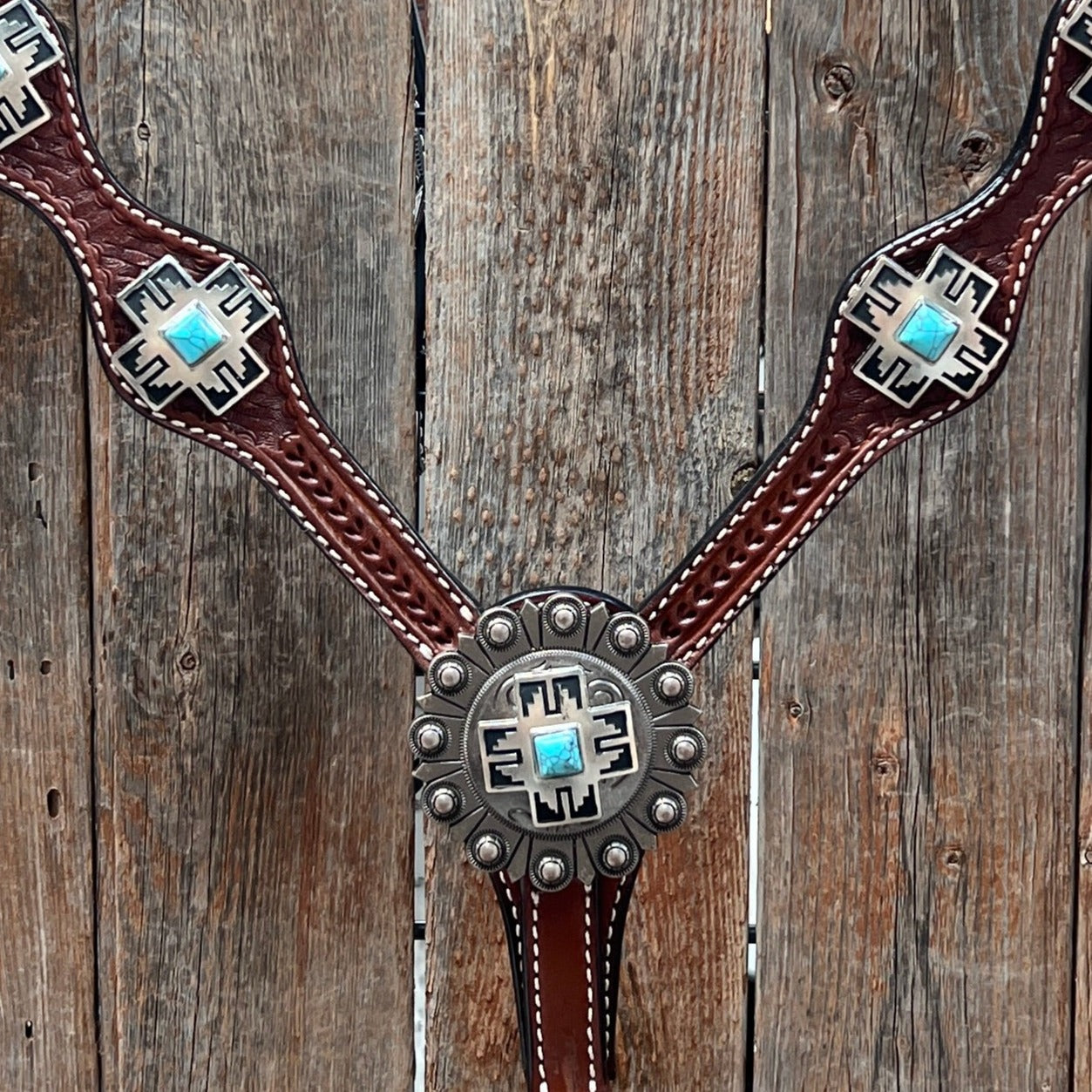 Medium Oil Turquoise Cross Browband/One Ear Headstall Breastcollar Tack Set BBBC1060