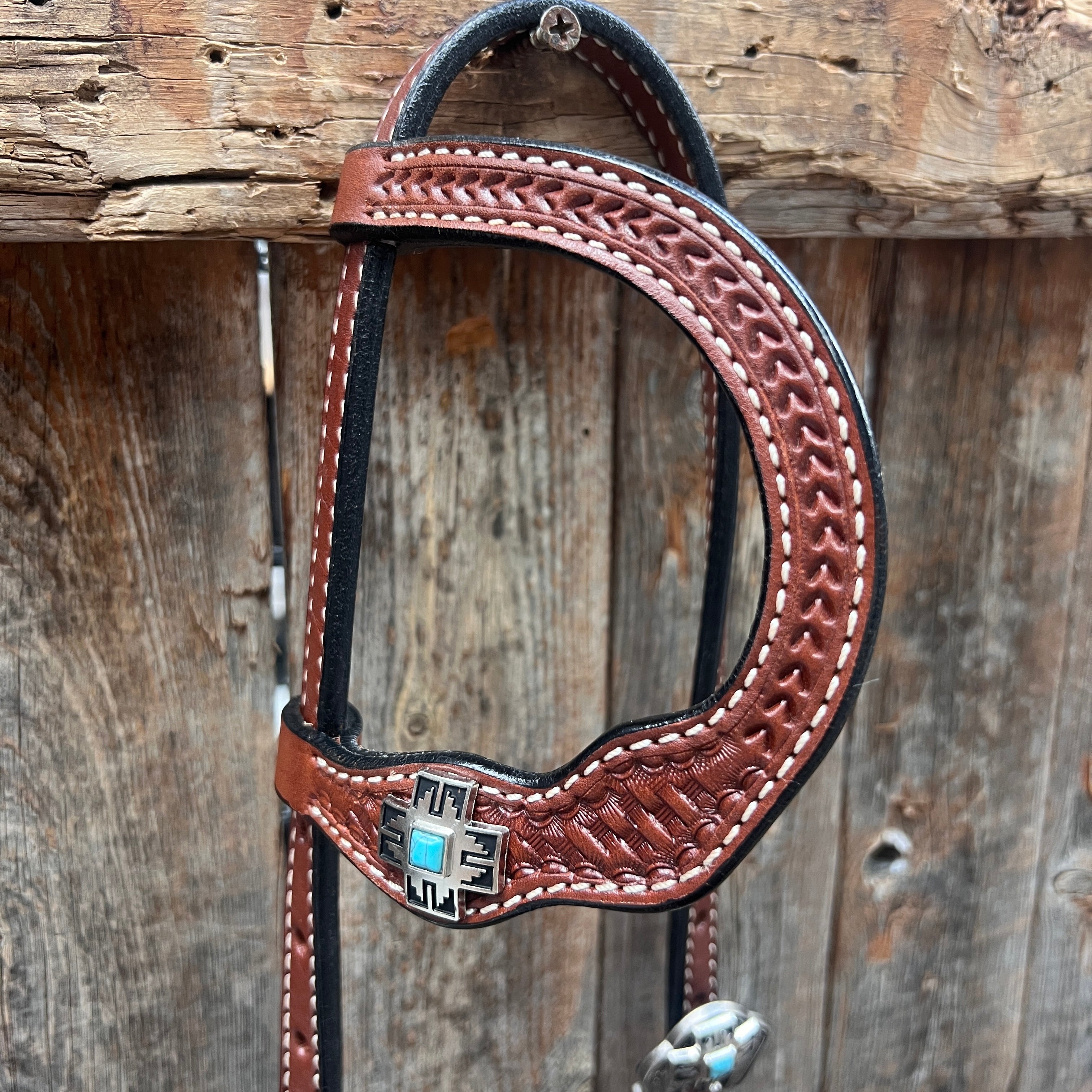 Medium Oil Turquoise Cross Browband/One Ear Headstall Breastcollar Tack Set BBBC1060
