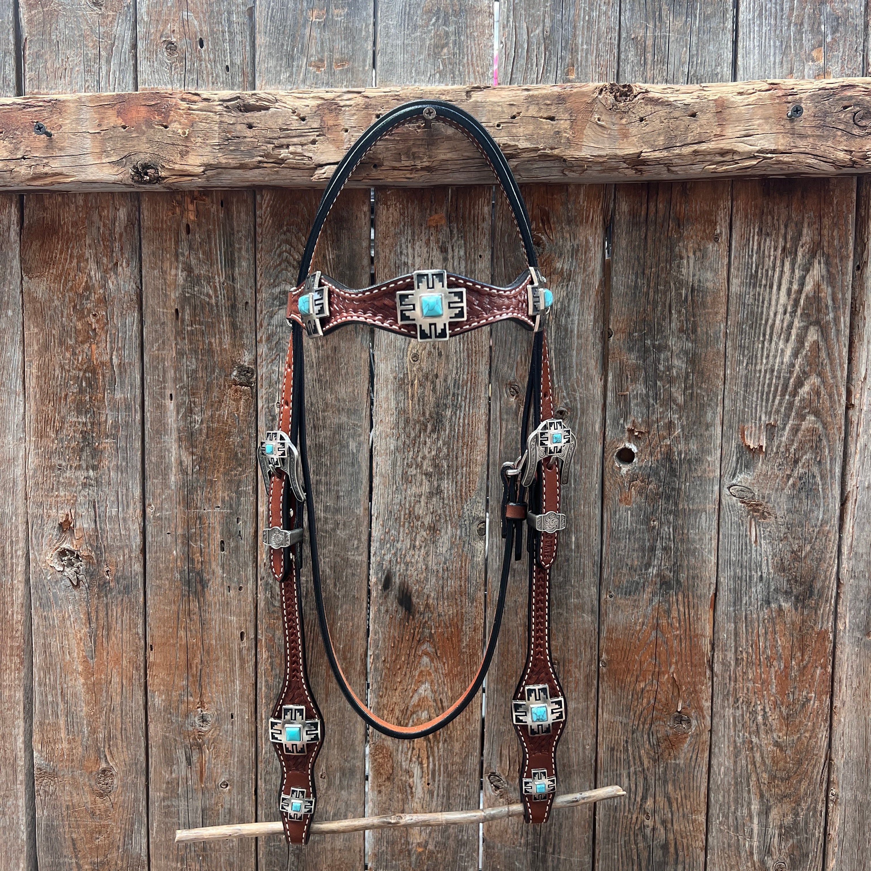 Medium Oil Turquoise Cross Browband/One Ear Headstall Breastcollar Tack Set BBBC1060