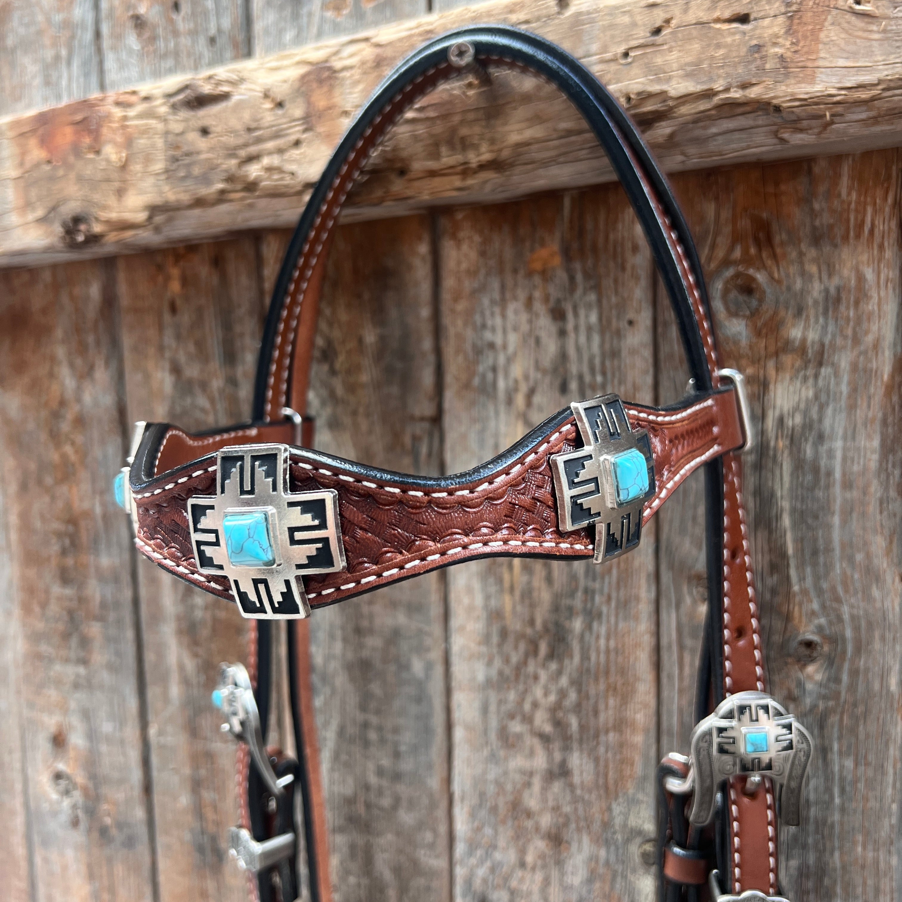 Medium Oil Turquoise Cross Browband/One Ear Headstall Breastcollar Tack Set BBBC1060