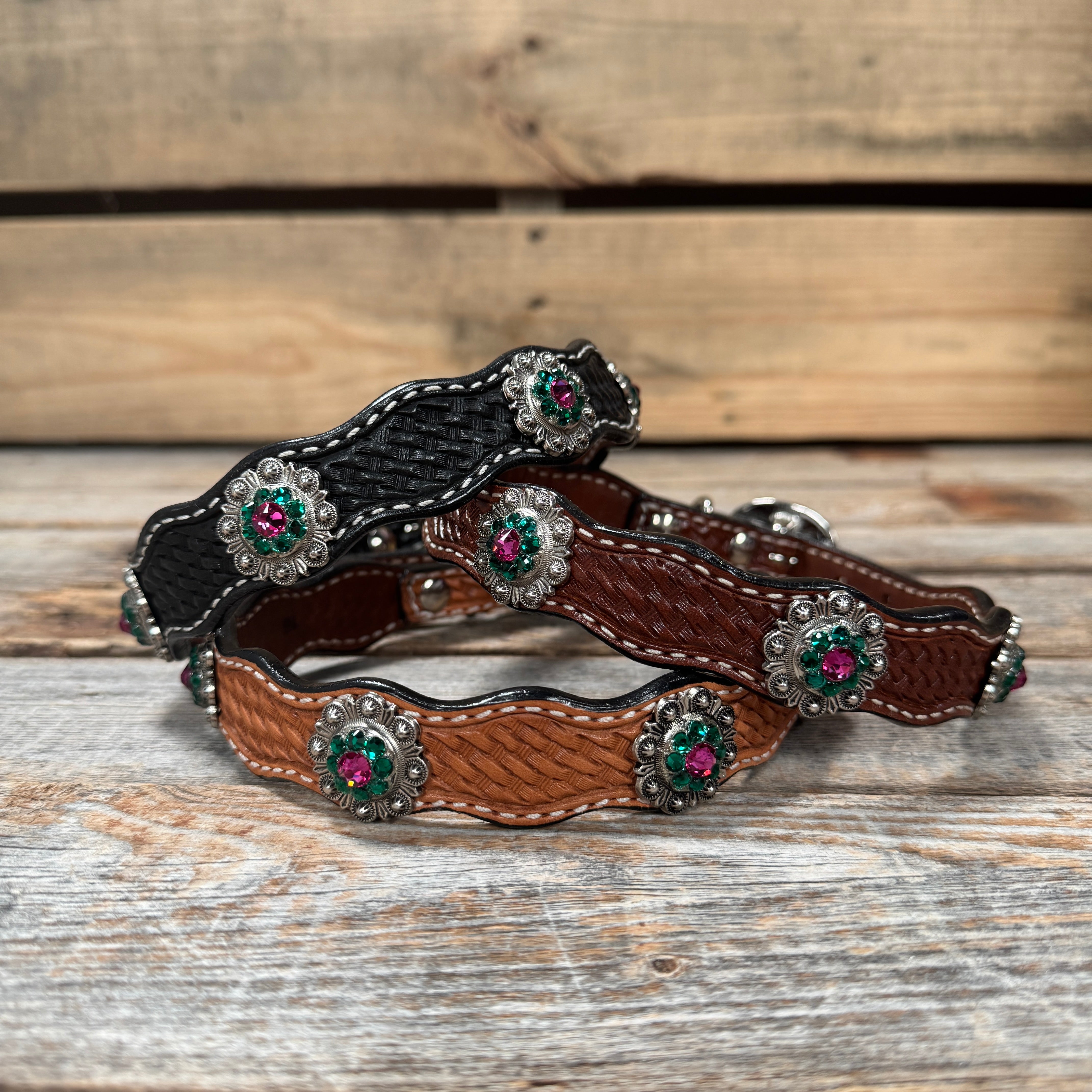 Leather Dog Collar With Antique Silver Fuchsia and Emerald Conchos 10" to 22" -DC74