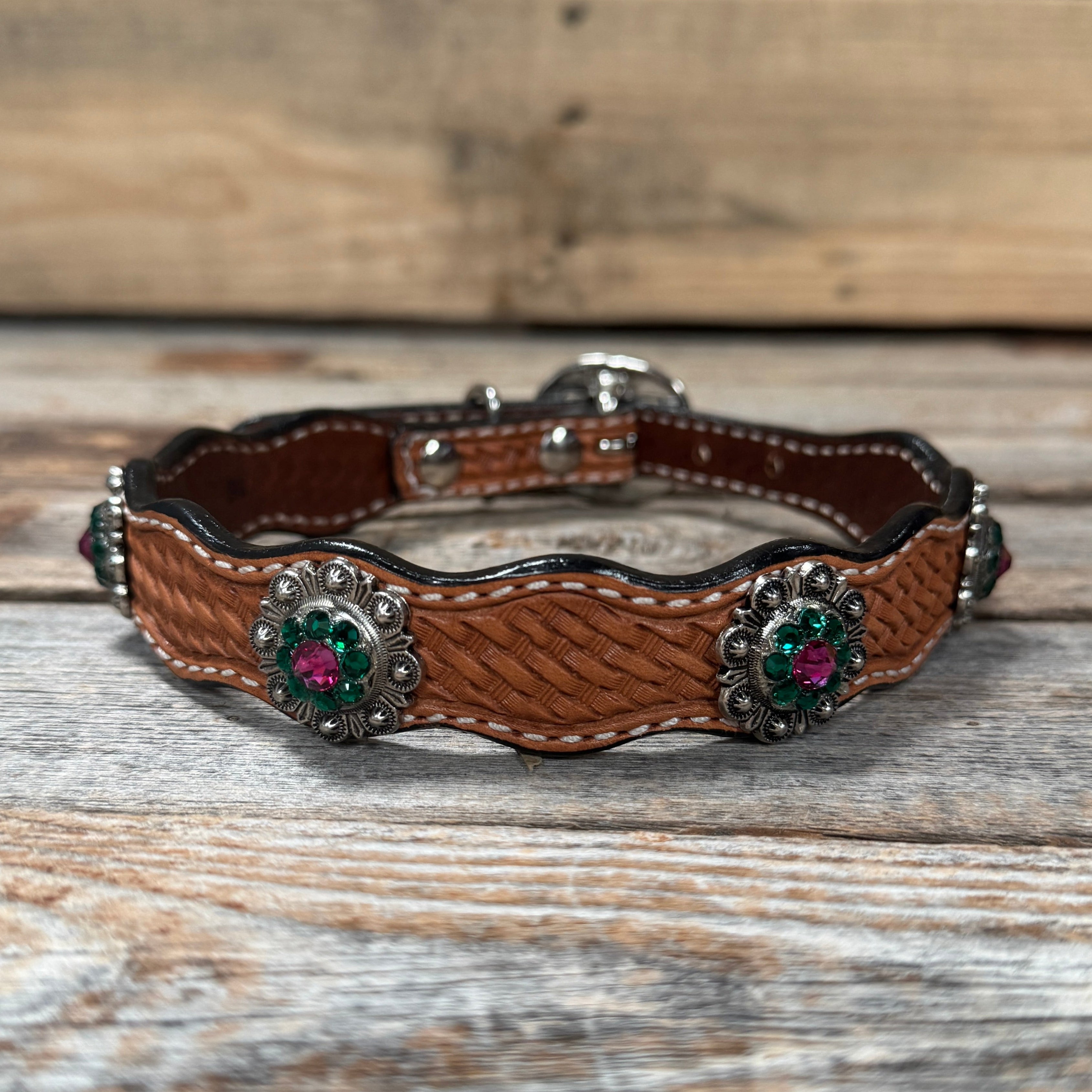 Leather Dog Collar With Antique Silver Fuchsia and Emerald Conchos 10" to 22" -DC74