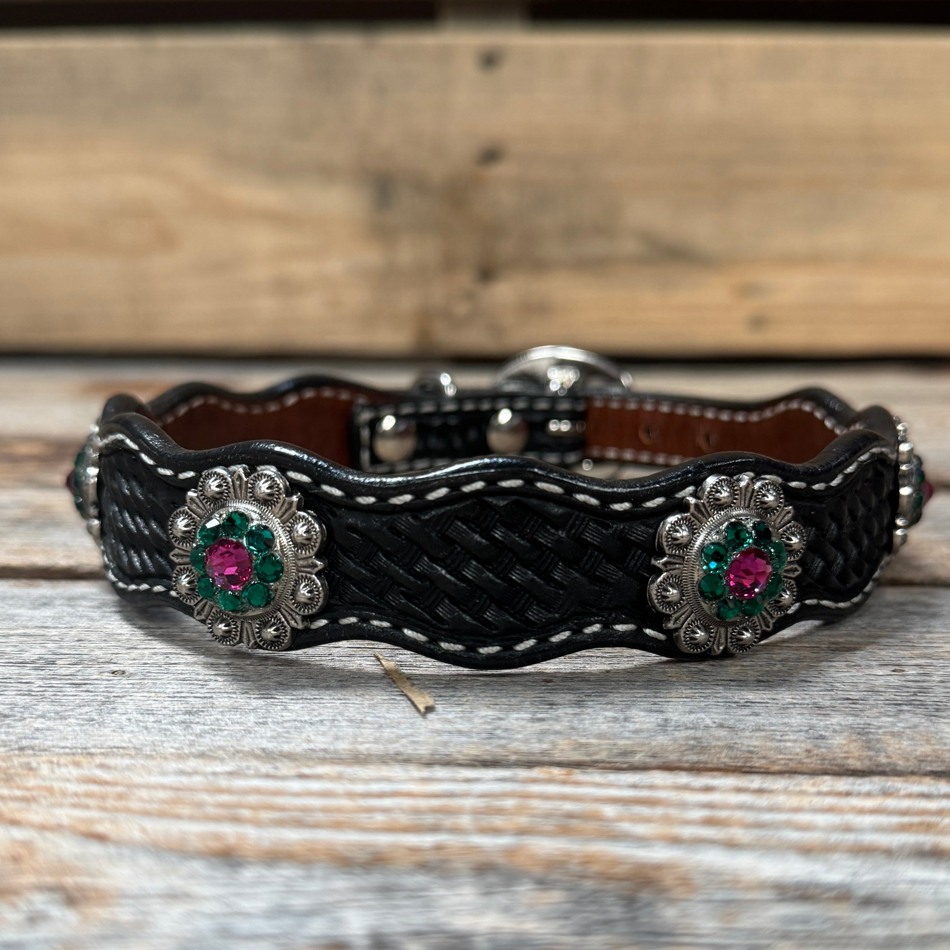 Leather Dog Collar With Antique Silver Fuchsia and Emerald Conchos 10" to 22" -DC74