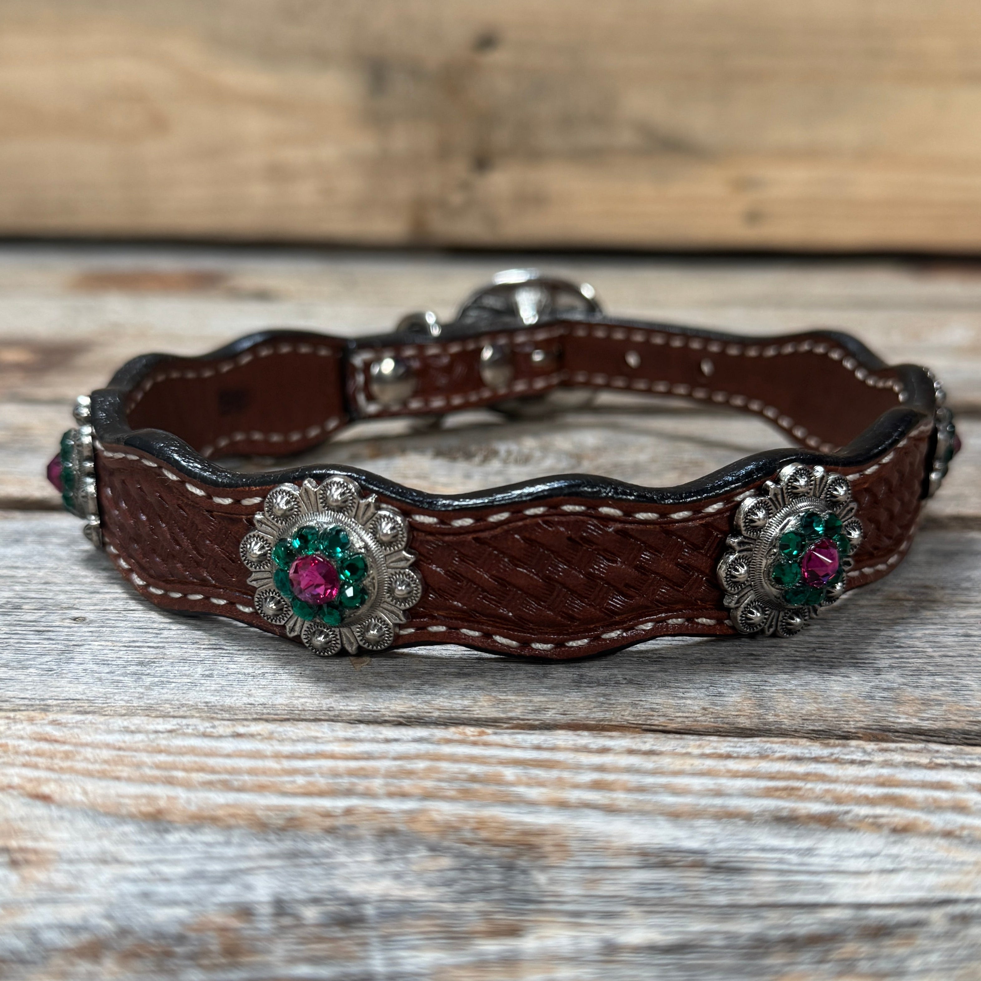 Leather Dog Collar With Antique Silver Fuchsia and Emerald Conchos 10" to 22" -DC74