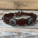 Genuine Leather Dog Collar With Antique Silver Fuchsia and Emerald Conchos 10" to 22" -DC74