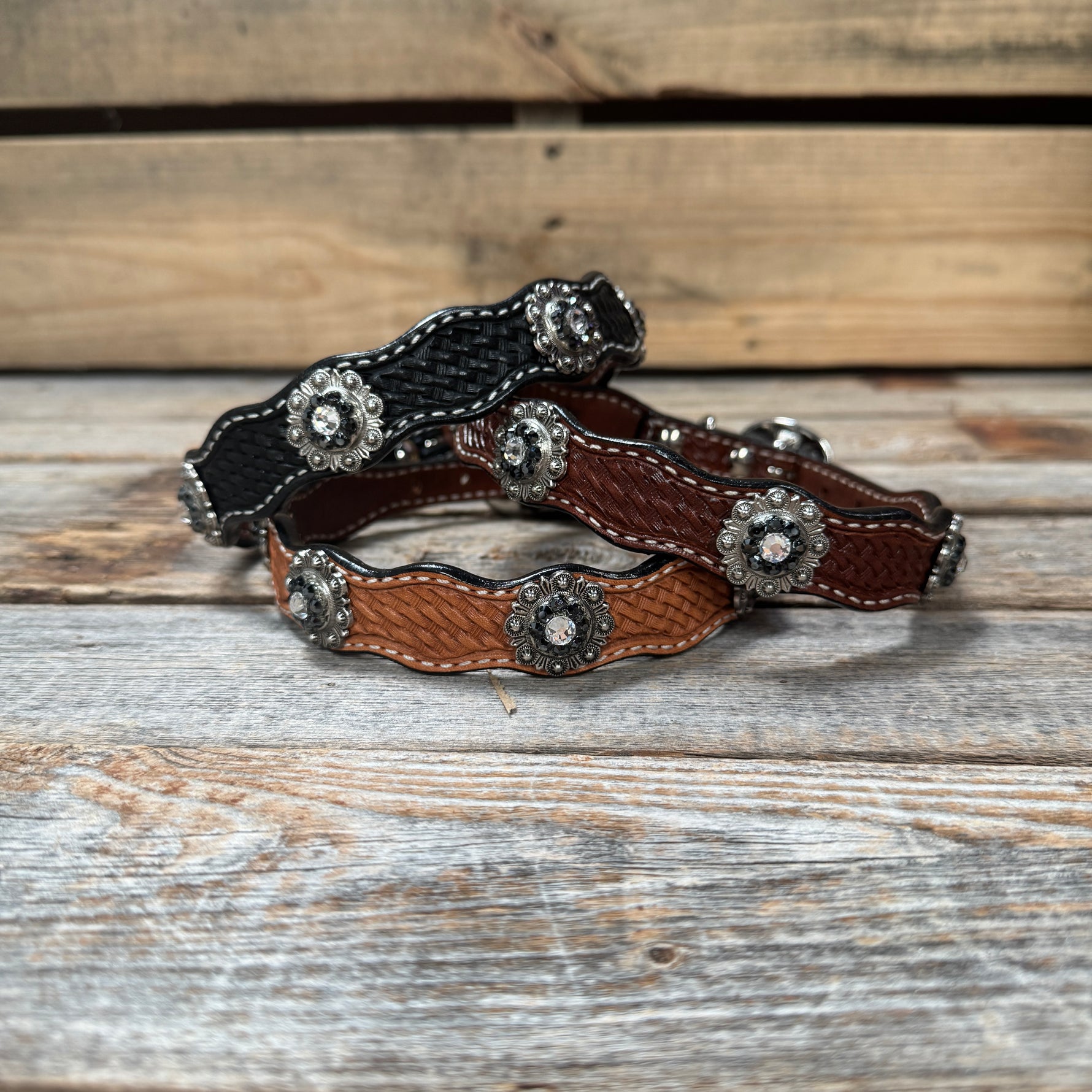 Genuine Leather Dog Collar With Antique Silver Jet and Clear Conchos 10" to 22" -DC75