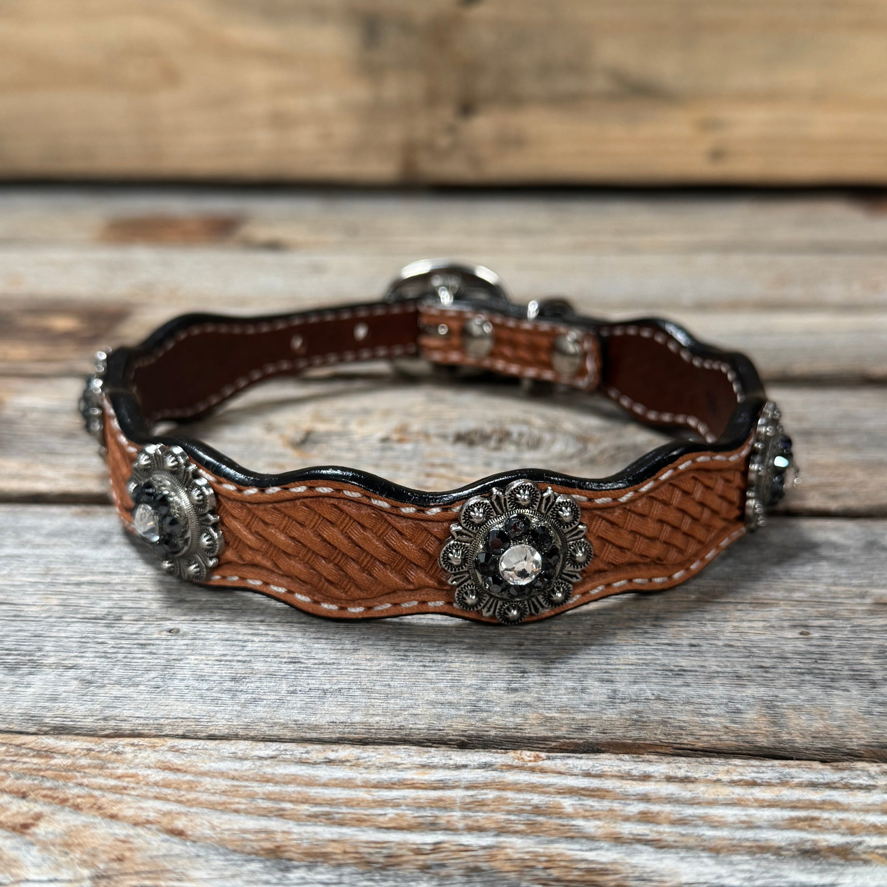 Leather Dog Collar With Antique Silver Jet and Clear Conchos 10" to 22" -DC75