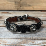 Genuine Leather Dog Collar With Antique Silver Jet and Clear Conchos 10" to 22" -DC75