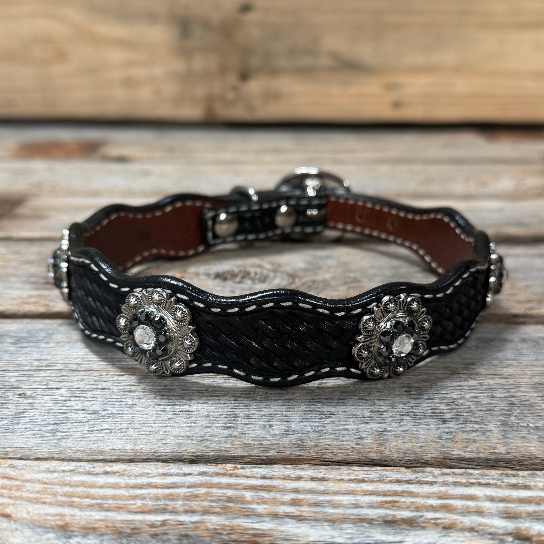 Genuine Leather Dog Collar With Antique Silver Jet and Clear Conchos 10" to 22" -DC75