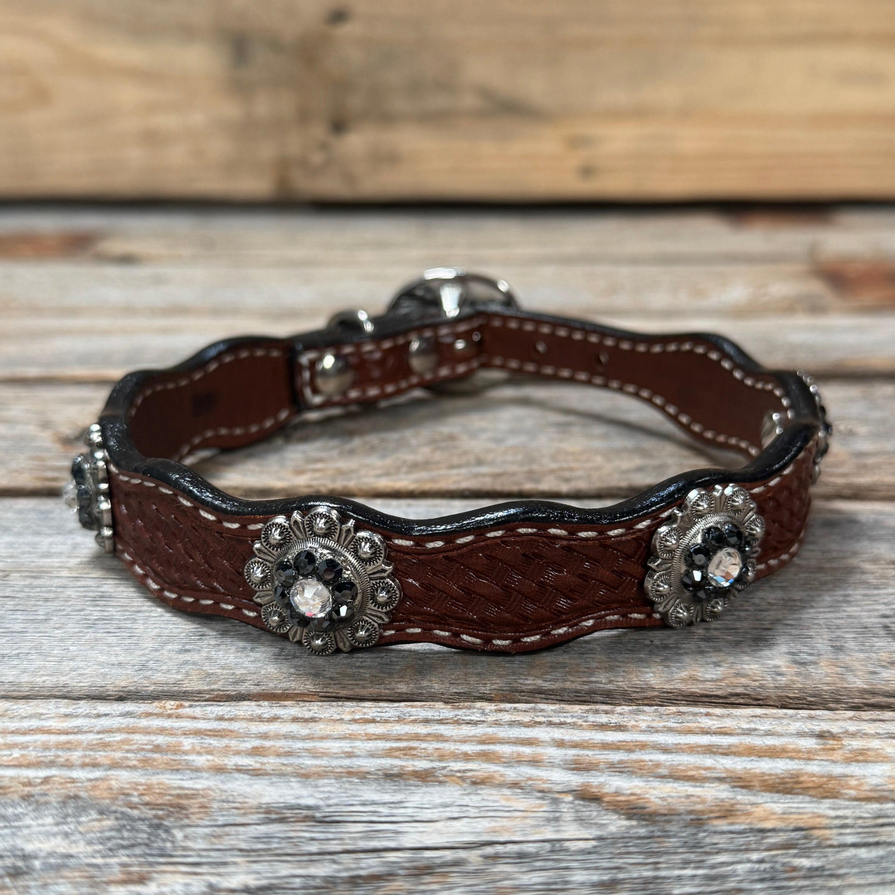 Leather Dog Collar With Antique Silver Jet and Clear Conchos 10" to 22" -DC75