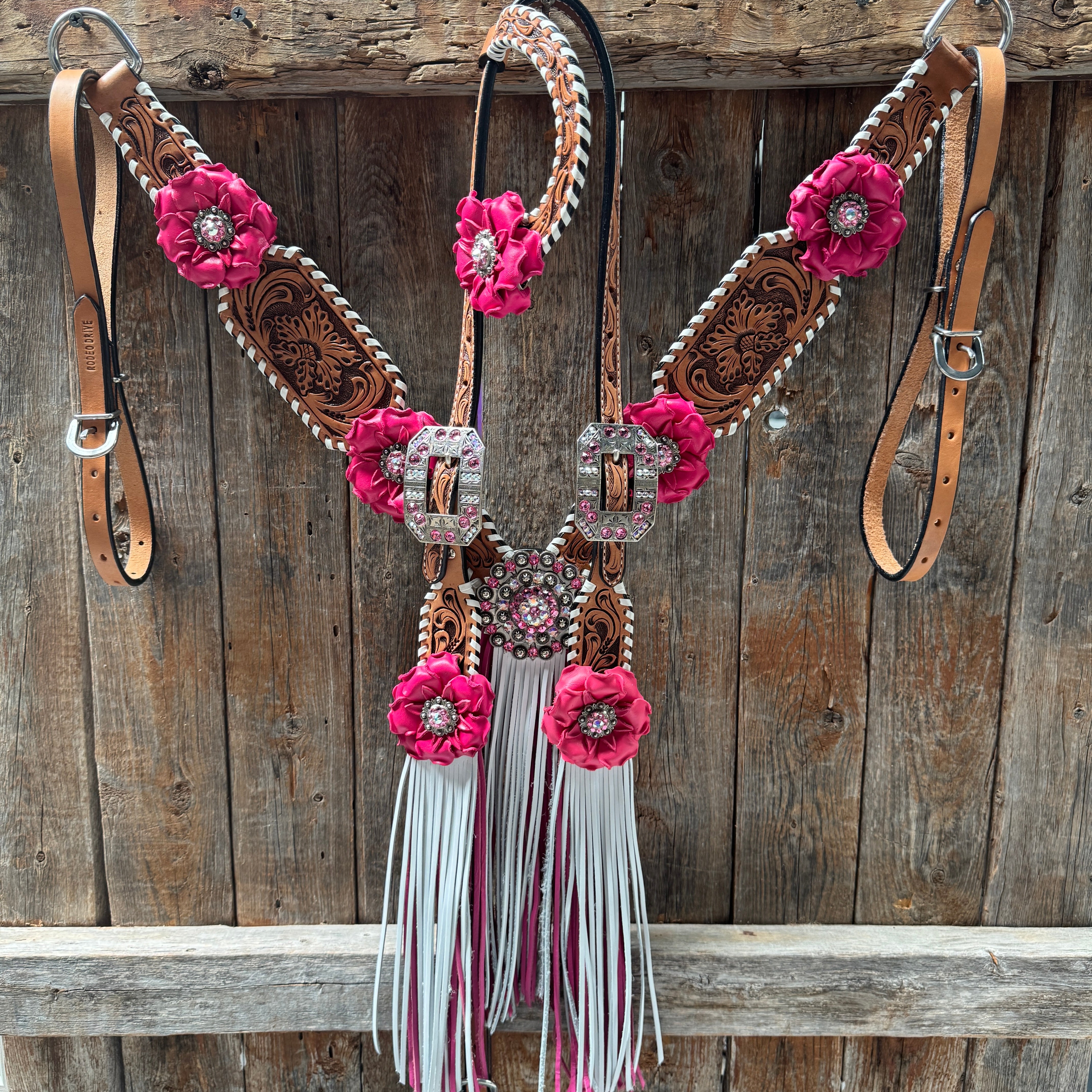 Light Oil Whipstitch Pink and White One Ear & Breastcollar Tack Set #OEBC437