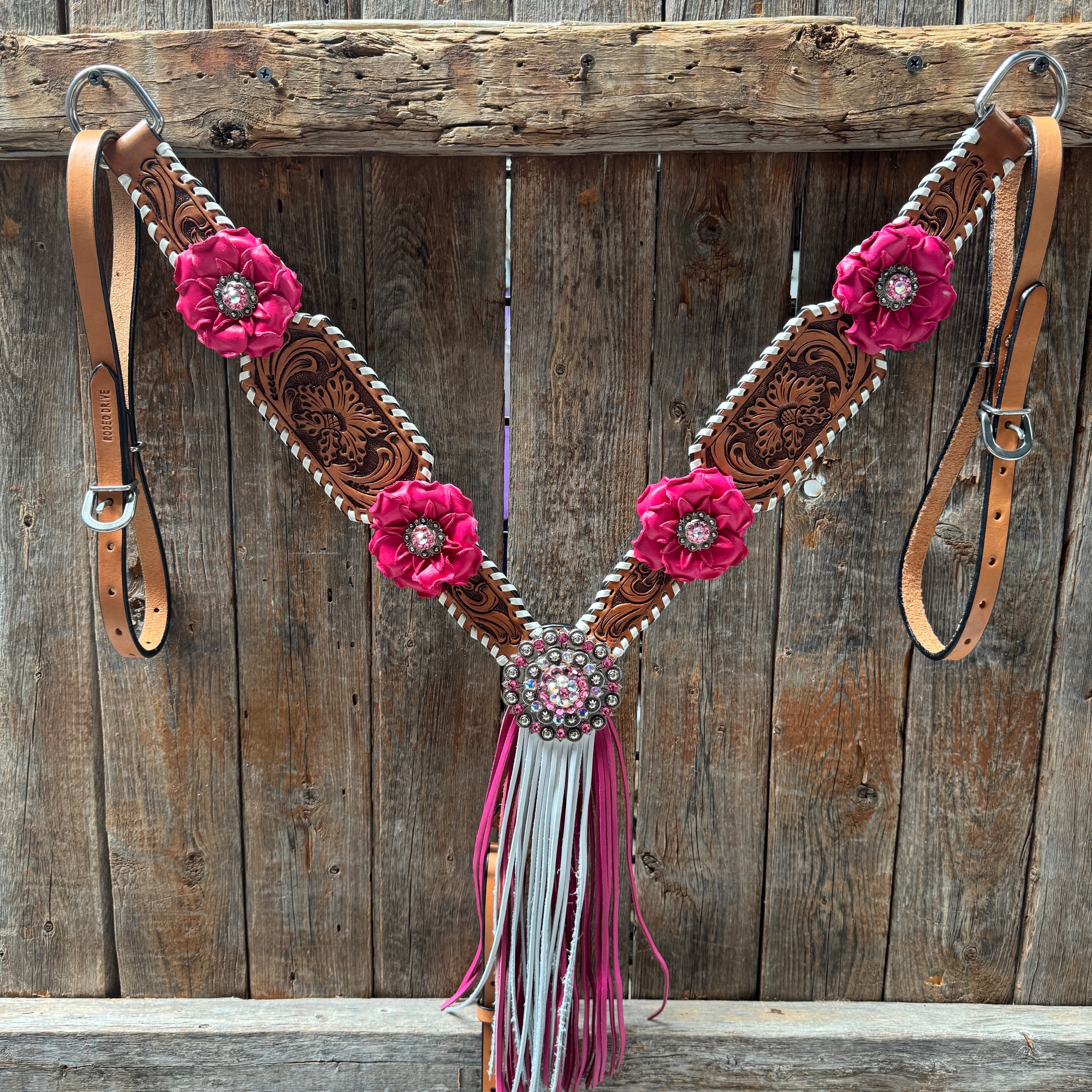 Light Oil Whipstitch Pink and White One Ear & Breastcollar Tack Set #OEBC437