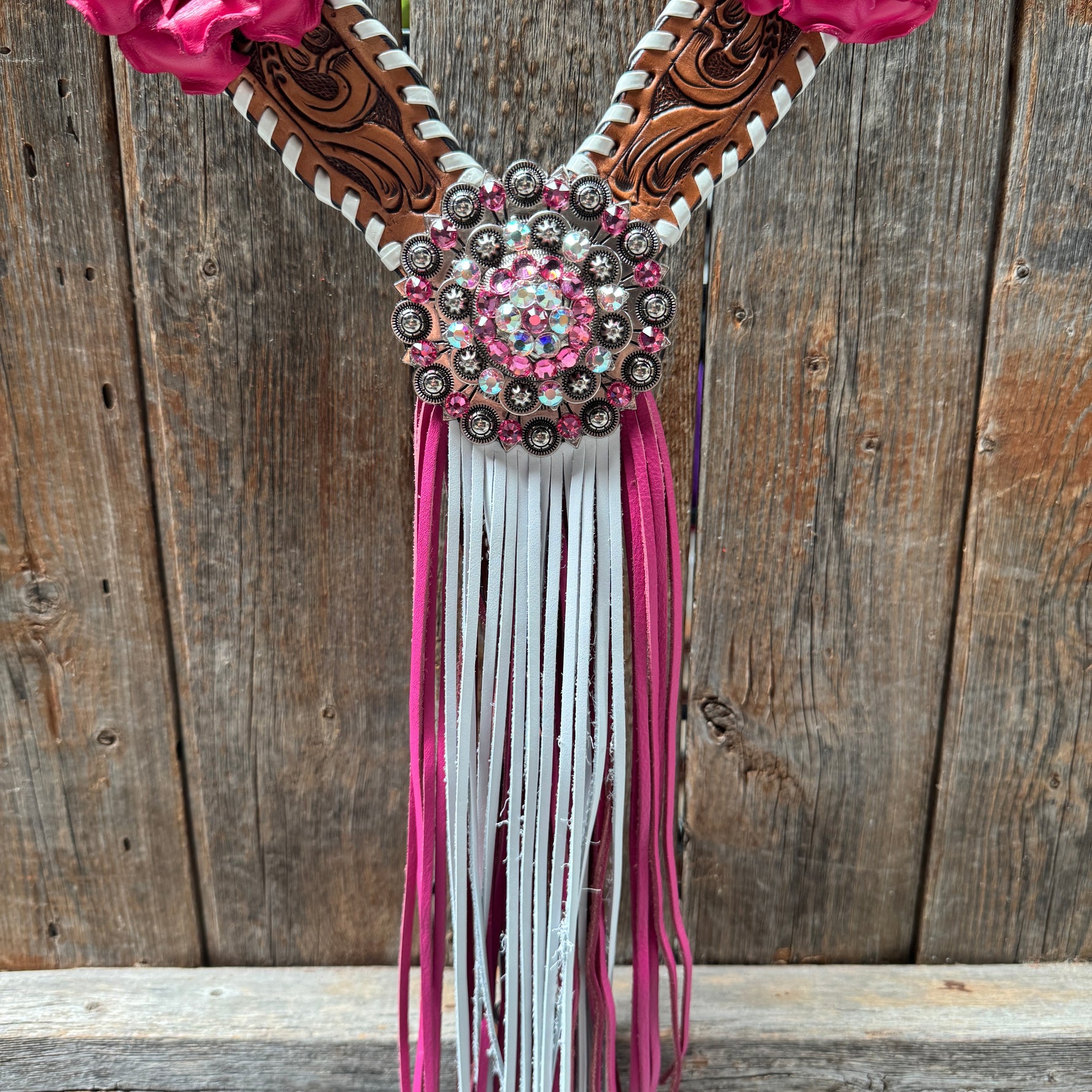 Light Oil Whipstitch Pink and White One Ear & Breastcollar Tack Set #OEBC437