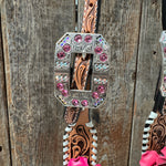 Light Oil Whipstitch Pink and White One Ear & Breastcollar Tack Set #OEBC437