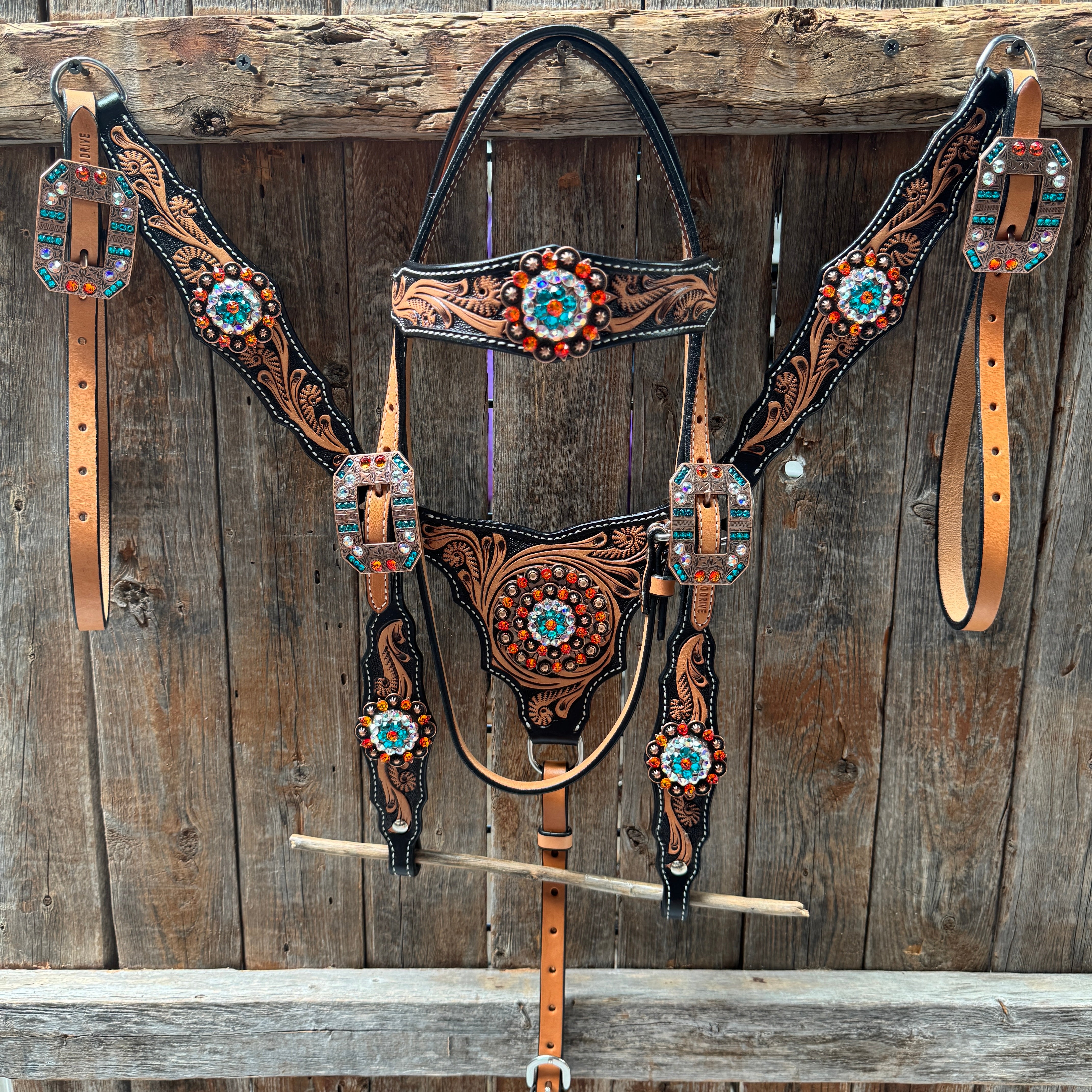 Two Tone Floral Triangle Orange and Teal Browband/One Ear - Triangle/Gladiator Breastcollar Tack Set #BBBC670