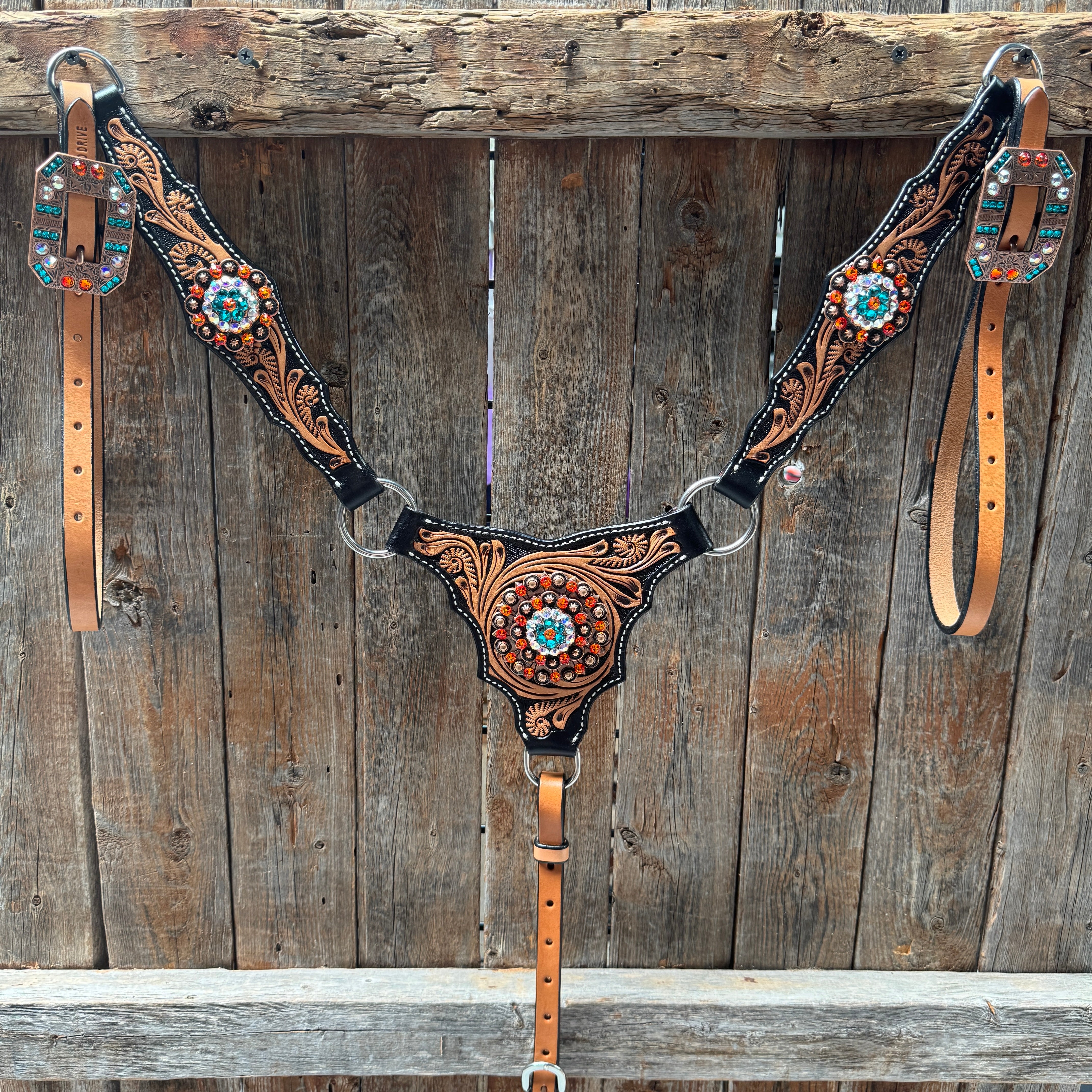 Two Tone Floral Triangle Orange and Teal Browband/One Ear - Triangle/Gladiator Breastcollar Tack Set #BBBC670