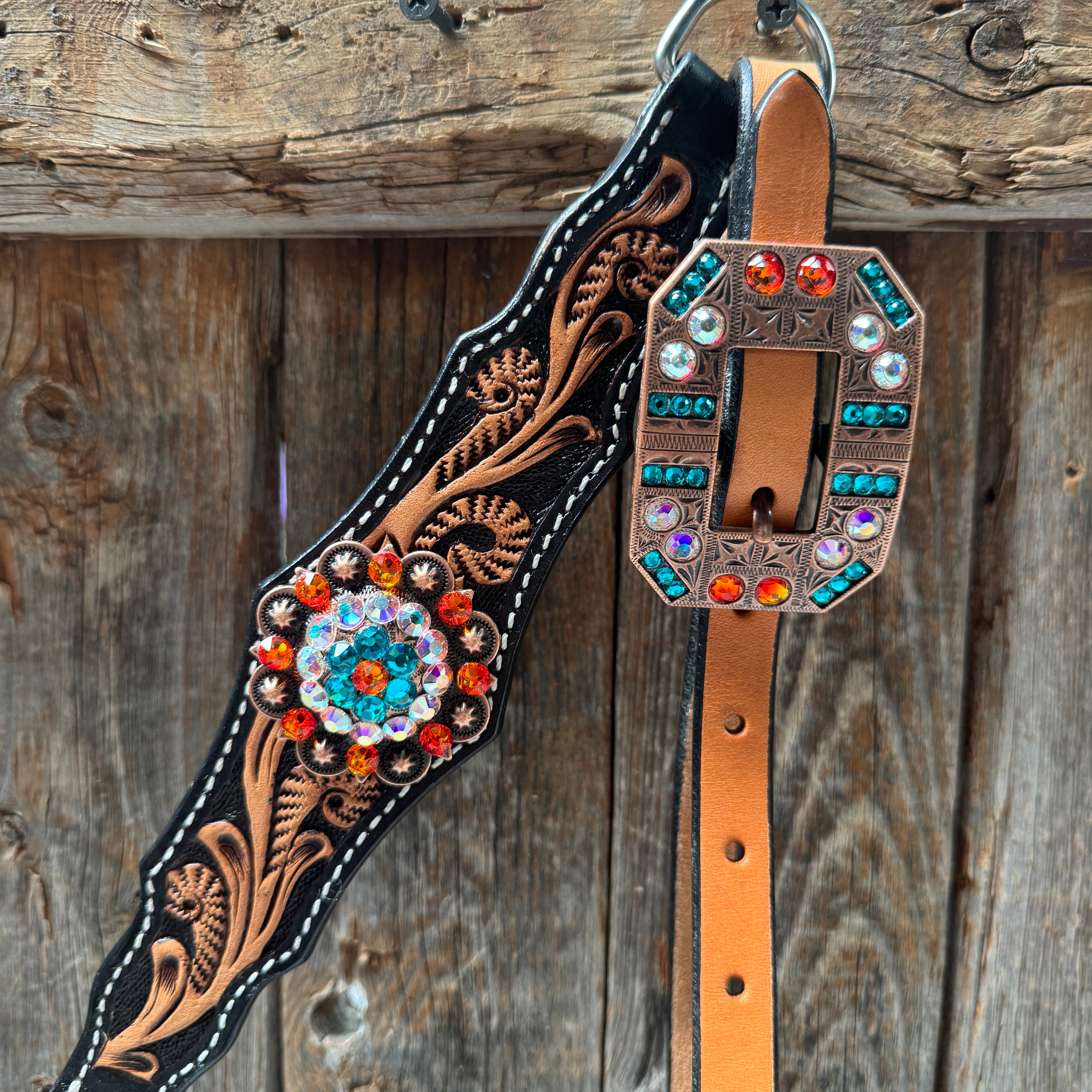 Two Tone Floral Triangle Orange and Teal Browband/One Ear - Triangle/Gladiator Breastcollar Tack Set #BBBC670