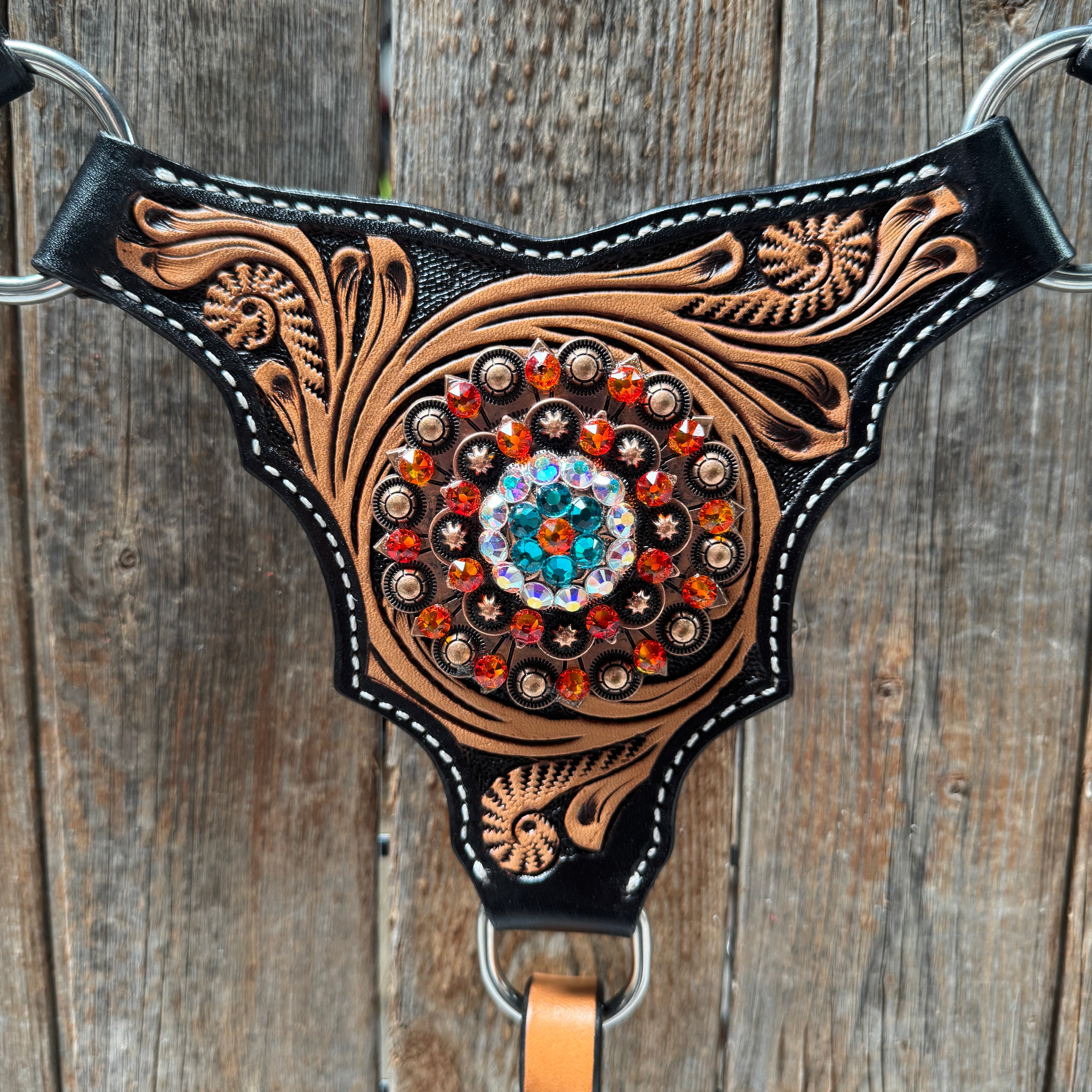 Two Tone Floral Triangle Orange and Teal Browband/One Ear - Triangle/Gladiator Breastcollar Tack Set #BBBC670