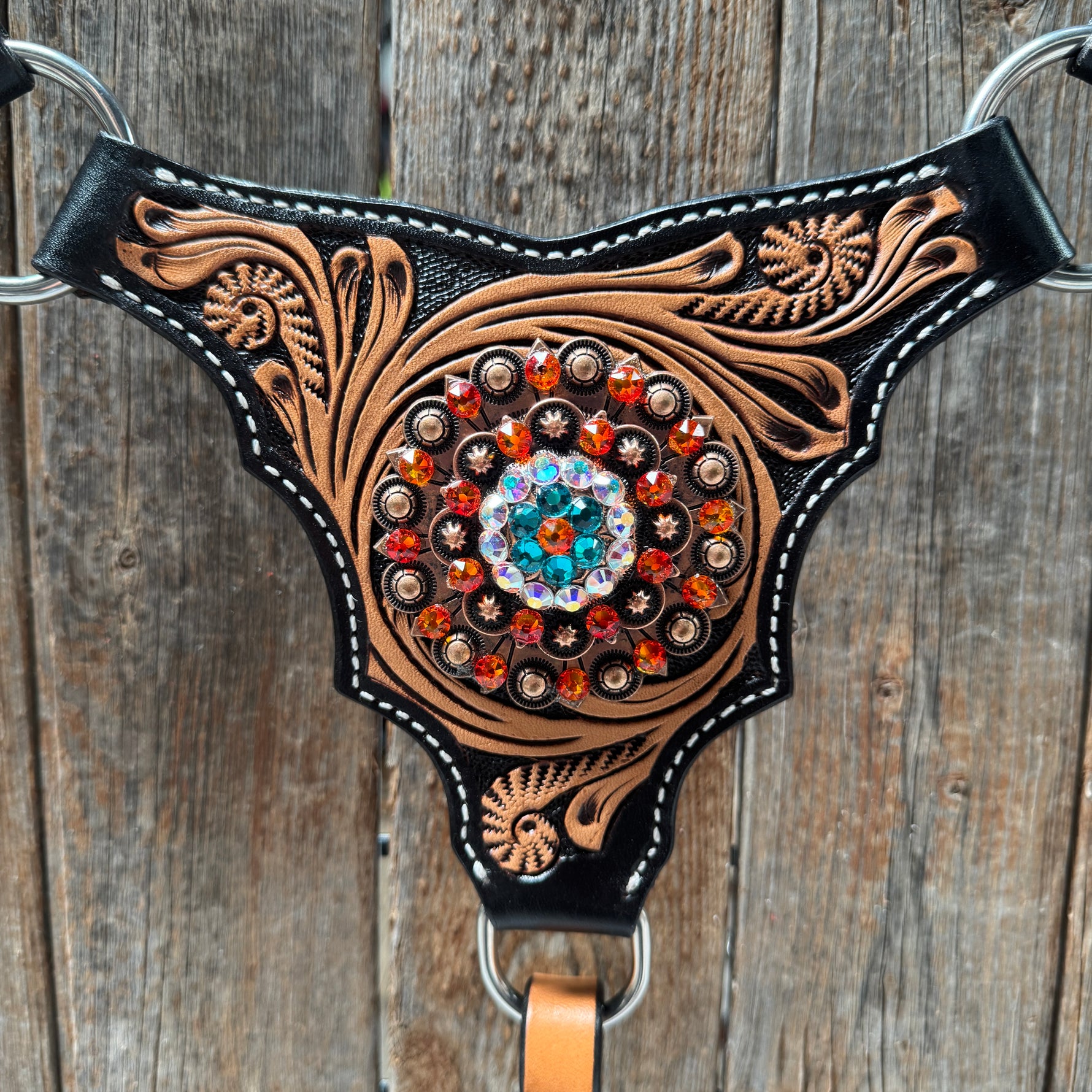 Two Tone  Orange and Teal Browband/One Ear - Triangle/Gladiator Breastcollar Tack Set #BBBC670
