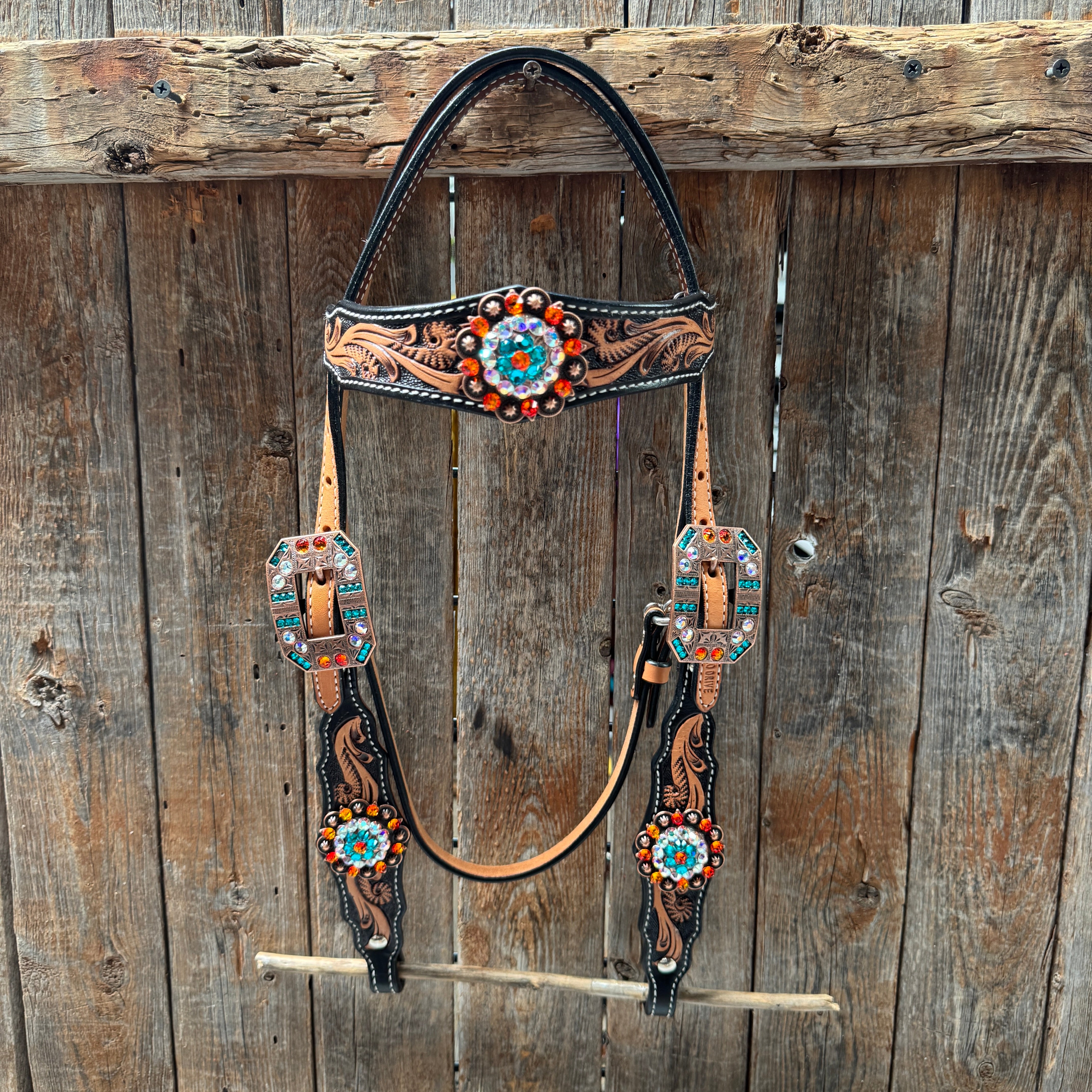 Two Tone Floral Triangle Orange and Teal Browband/One Ear - Triangle/Gladiator Breastcollar Tack Set #BBBC670