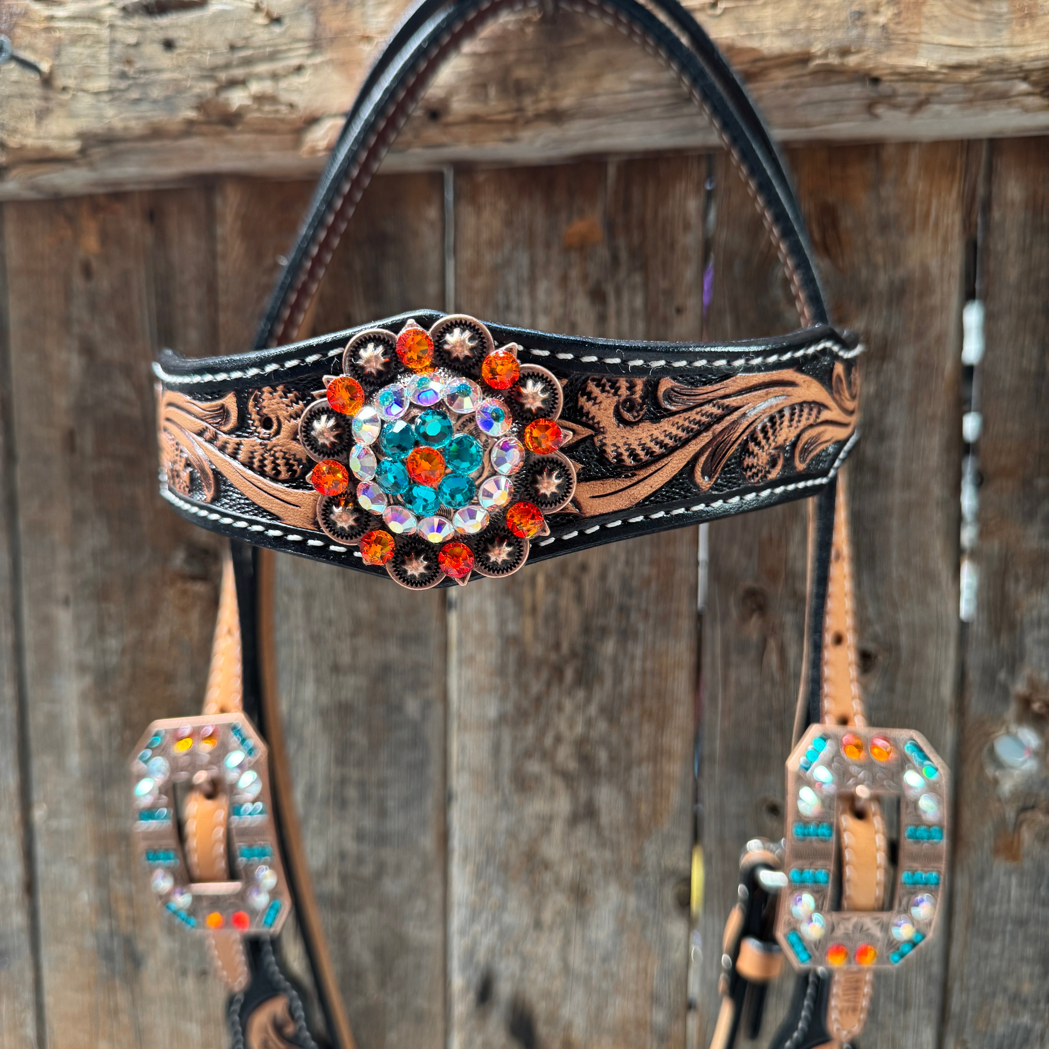 Two Tone Floral Triangle Orange and Teal Browband/One Ear - Triangle/Gladiator Breastcollar Tack Set #BBBC670