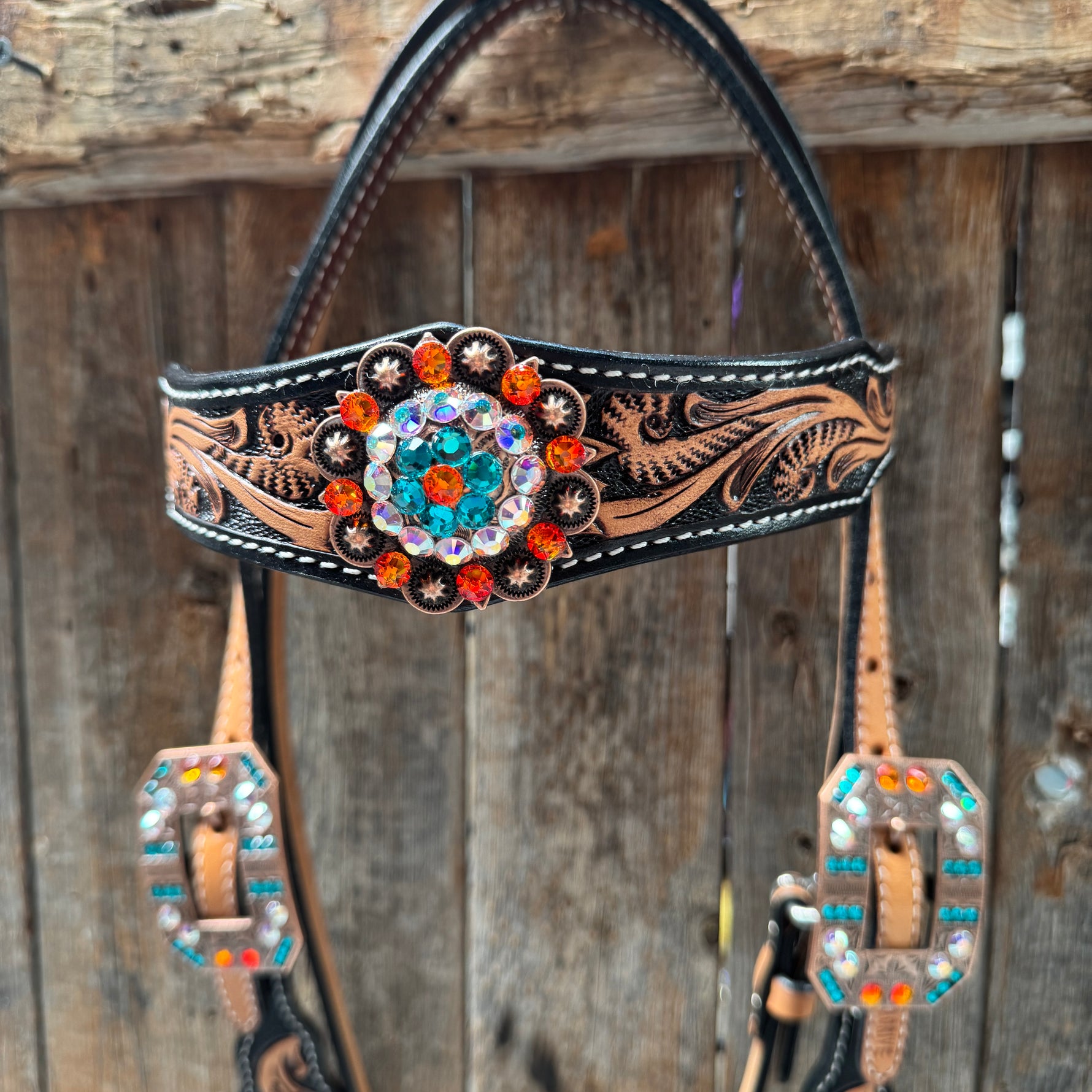 Two Tone  Orange and Teal Browband/One Ear - Triangle/Gladiator Breastcollar Tack Set #BBBC670