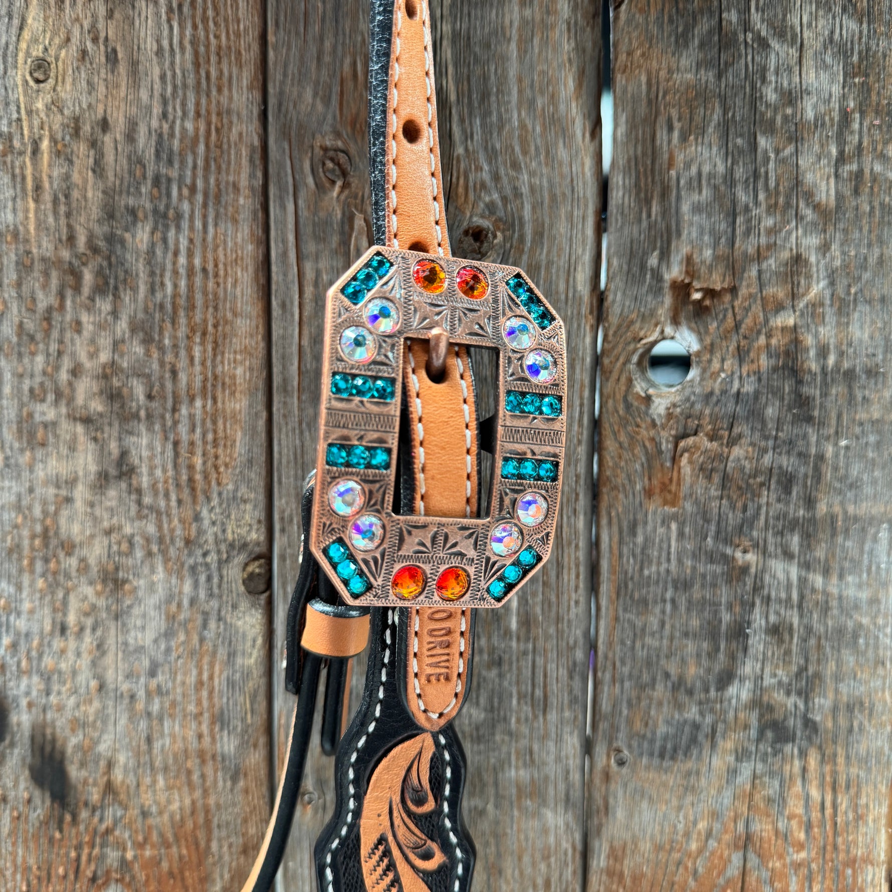 Two Tone  Orange and Teal Browband/One Ear - Triangle/Gladiator Breastcollar Tack Set #BBBC670