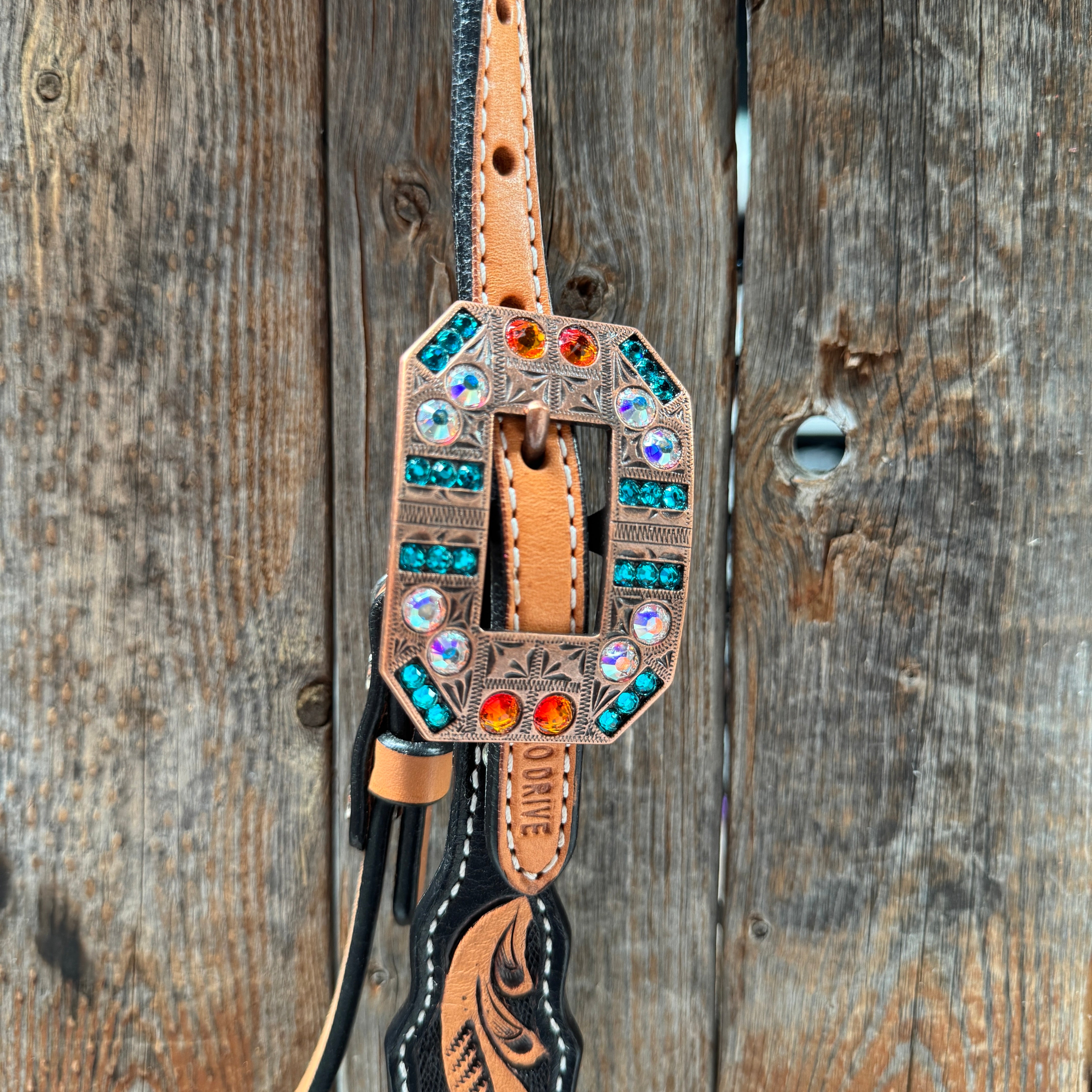Two Tone Floral Triangle Orange and Teal Browband/One Ear - Triangle/Gladiator Breastcollar Tack Set #BBBC670