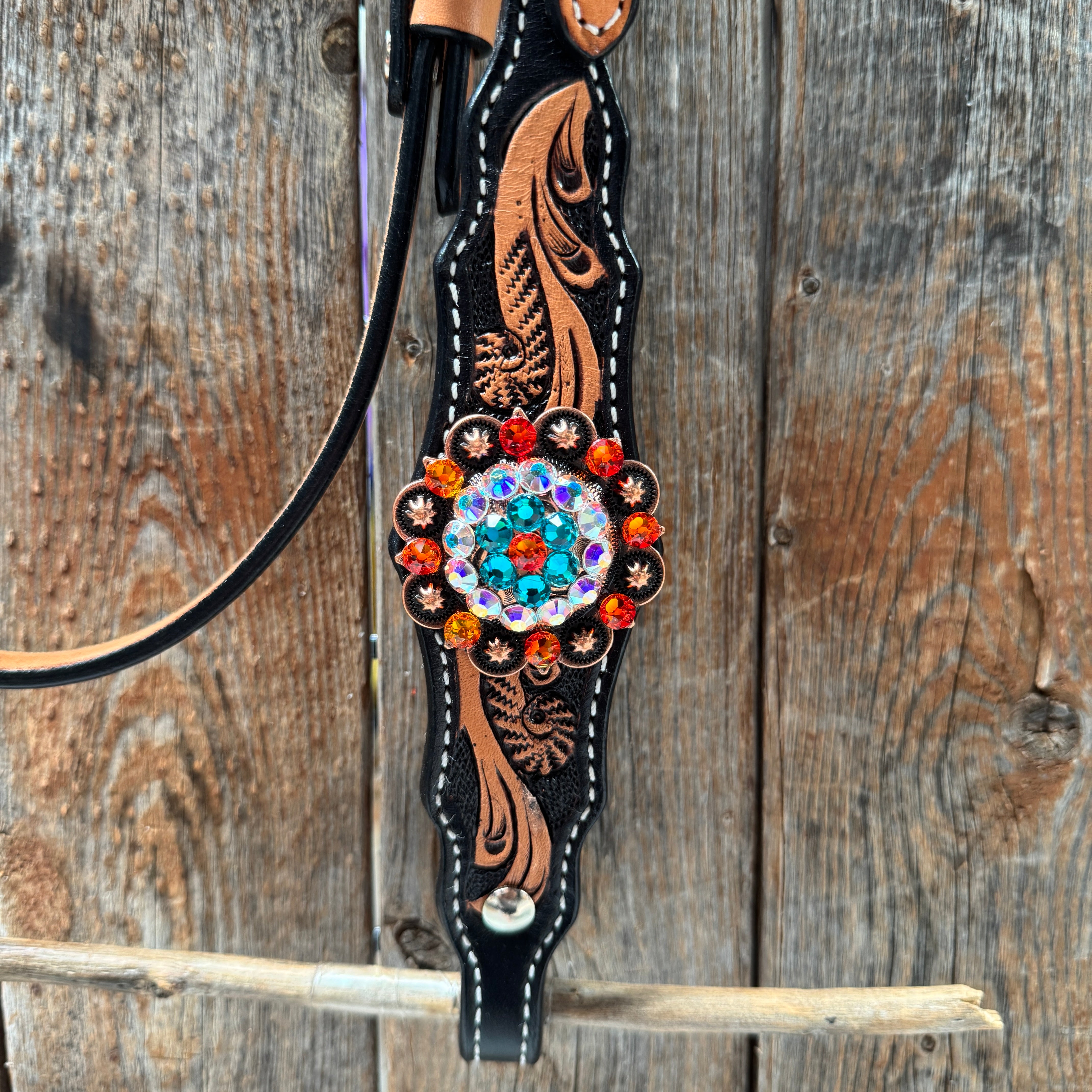 Two Tone Floral Triangle Orange and Teal Browband/One Ear - Triangle/Gladiator Breastcollar Tack Set #BBBC670