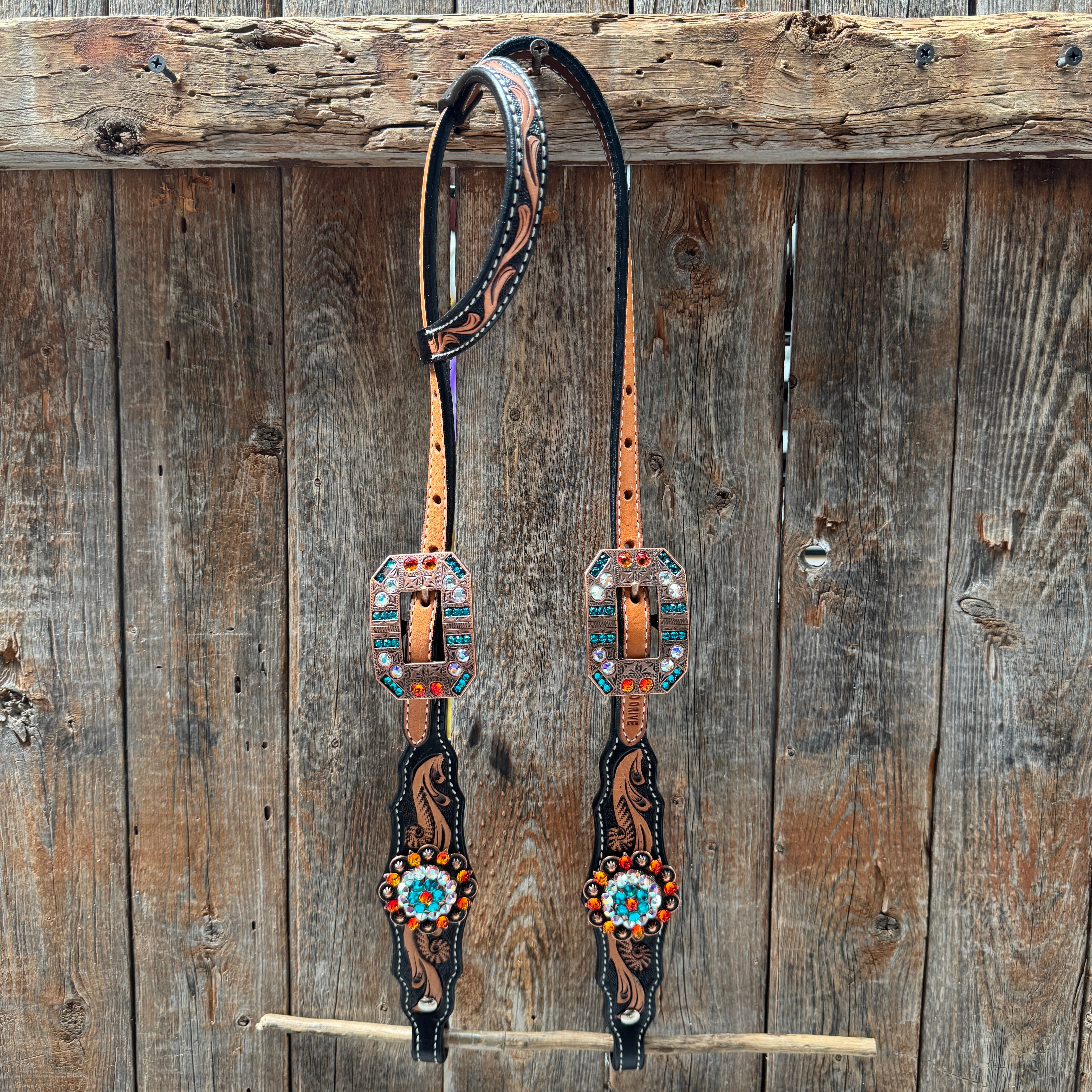 Two Tone Floral Triangle Orange and Teal Browband/One Ear - Triangle/Gladiator Breastcollar Tack Set #BBBC670