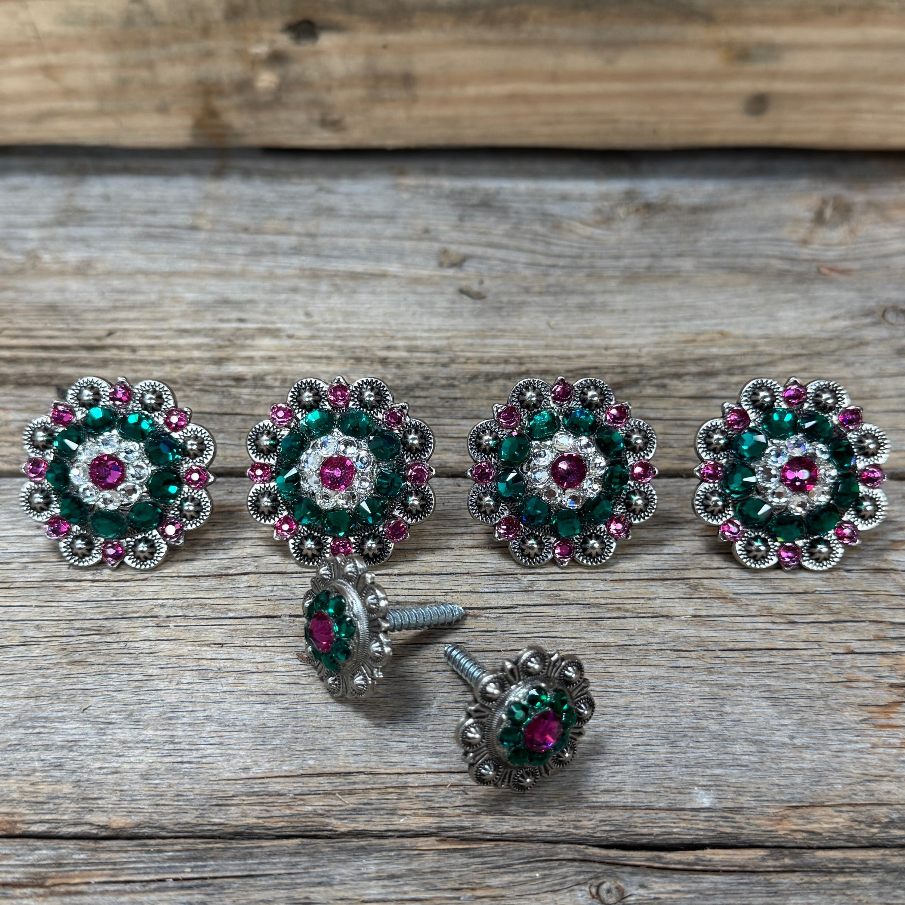 Antique Silver Fuchsia, Clear and Emerald Saddle Conchos
