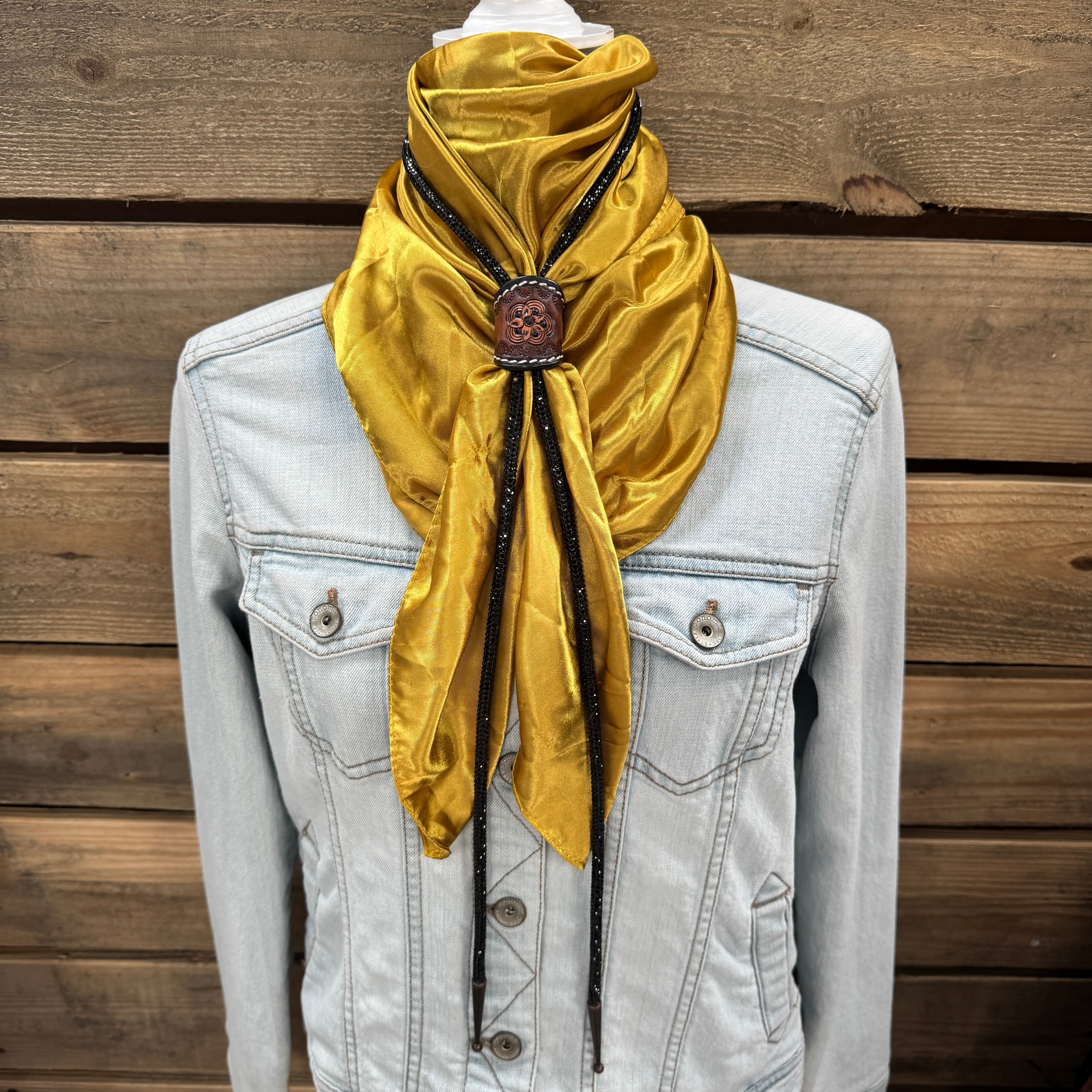 35X35" Solid Mustard Yellow Wild Rag / Scarf - Leather Slide and Bolo Tie
