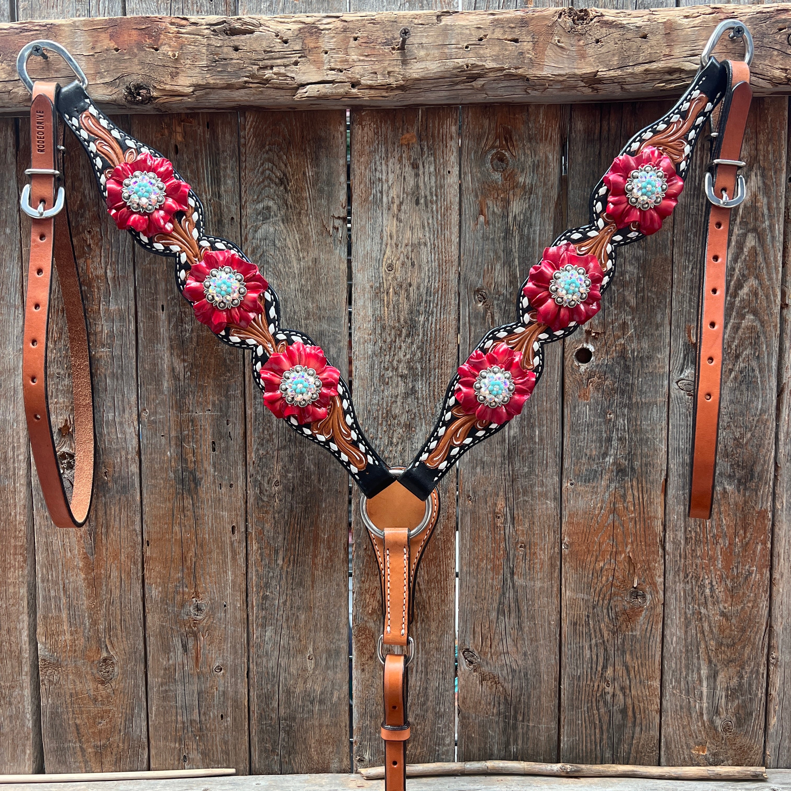 Classic Red and Turquoise Browband / One Ear Tack Set #BBBC436